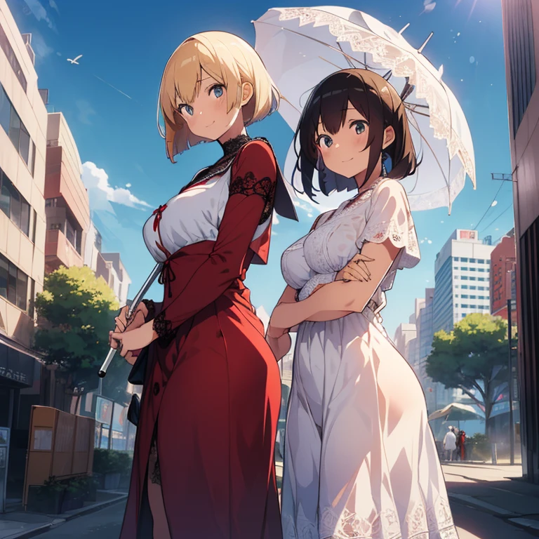(masutepiece:1.2), (Best Quality:1.2), (high resolution:1.2),
(2+girls:1.2), (Bodhisattva's smile:1.2), (simple standing:1.0), (Luxurious romantic style dress:1.5), (Sailor suit style:1.0), (Composition in the style of portraits:1.0), (Excessively luxurious lace:1.5),
(right girl has long fluffy blonde hair and a red dress:1.2), (left girl has very short bob black hair and a white dress:1.2), (left girl with luxury parasol :1.2), (Skyscraper city cruelly destroyed:1.2),