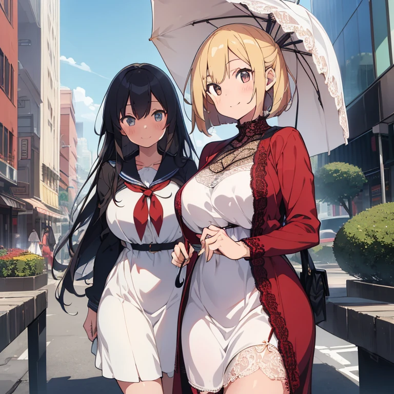 (masutepiece:1.2), (Best Quality:1.2), (high resolution:1.2), 
(2+girls:1.2), (Bodhisattva's smile:1.2), (simple standing:1.0), (Luxurious romantic style dress:1.5), (Sailor suit style:1.0), (Composition in the style of portraits:1.0), (Excessively luxurious lace:1.5),
(right girl has long fluffy blonde hair and a red dress:1.2), (left girl has very short bob black hair and a white dress:1.2), (left girl with luxury parasol :1.2), (Skyscraper city cruelly destroyed:1.2), 