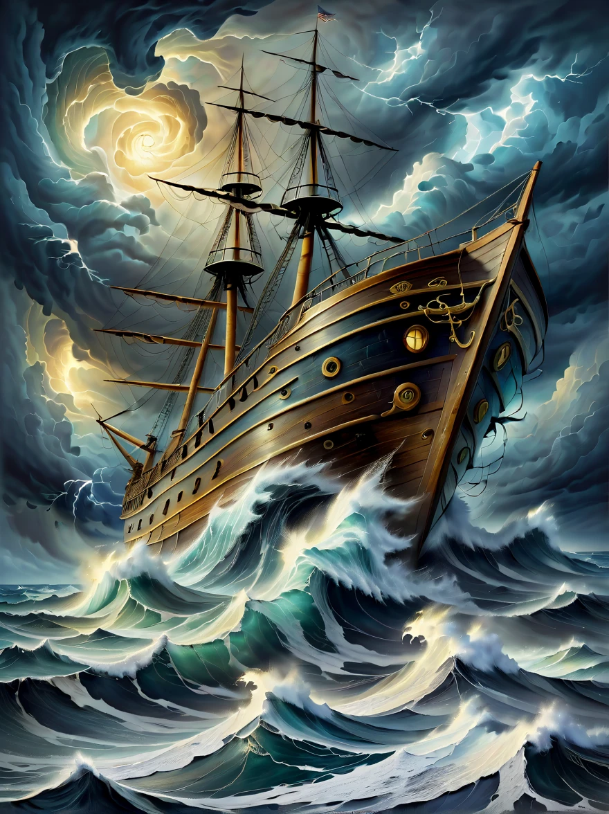 A detailed oil painting of an old sea captain, steering his ship through a storm. Saltwater is splashing against his weathered face, determination in his eyes. Twirling malevolent clouds are seen above and stern waves threaten to submerge the ship while seagulls dive and twirl through the chaotic landscape. Thunder and lights embark in the distance, illuminating the scene with an eerie green glow.