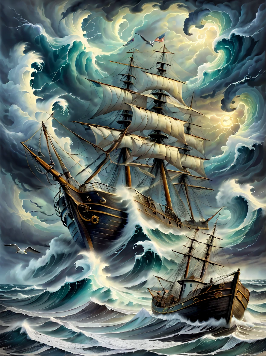 A detailed oil painting of an old sea captain, steering his ship through a storm. Saltwater is splashing against his weathered face, determination in his eyes. Twirling malevolent clouds are seen above and stern waves threaten to submerge the ship while seagulls dive and twirl through the chaotic landscape. Thunder and lights embark in the distance, illuminating the scene with an eerie green glow.