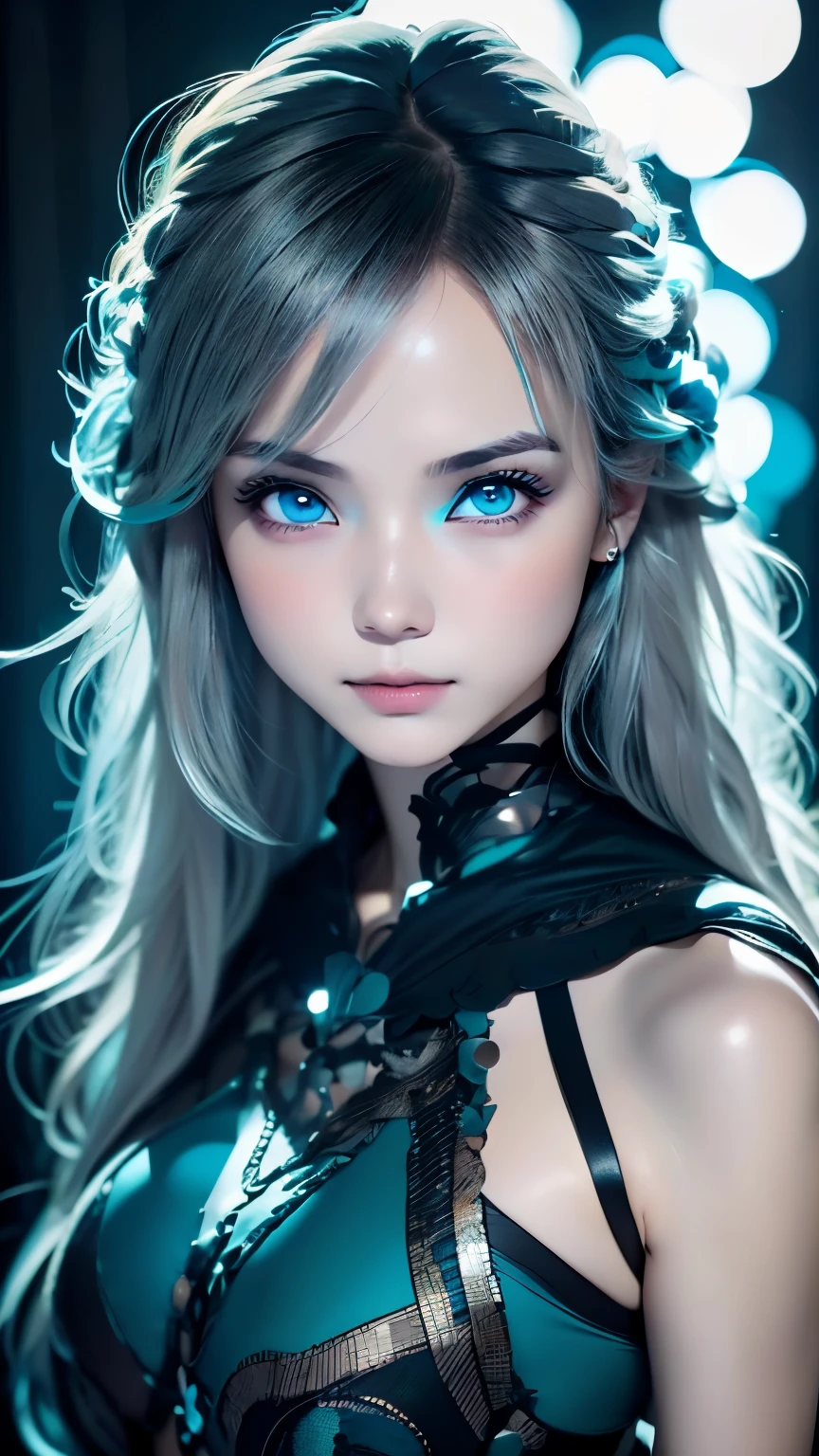 multicolor, 1 girl, night, dark, ash gray hair,(Detailedly drawn eyes), looking at the viewer, Upper body, Face-to-face audience, limited pallete, black background,Shining turquoise blue,