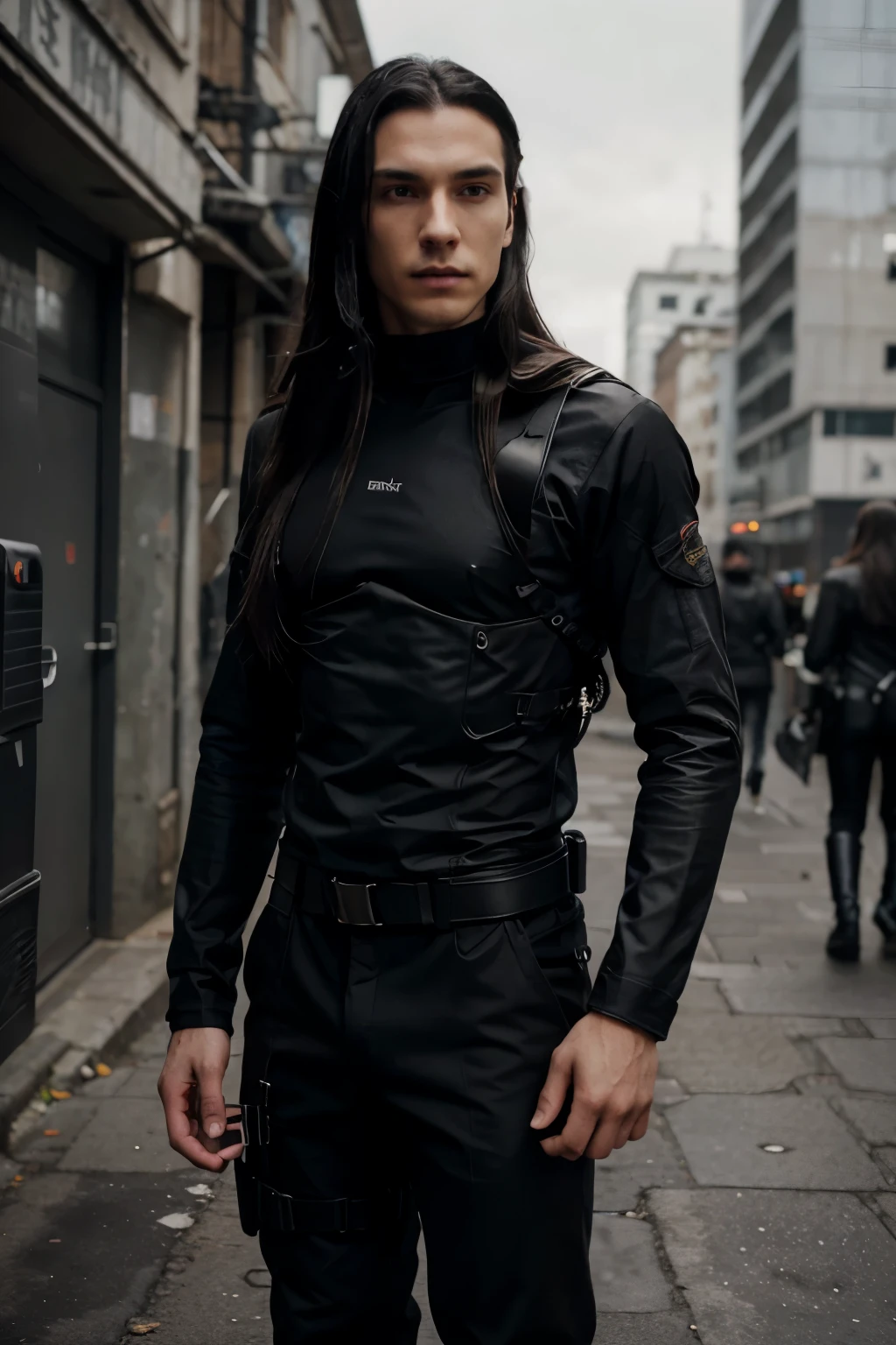 british young man,black haired man,young man,long hair,long straight hair,gothic man,dystopian urban settin,grey t-shirt,skinny body,tactical suit,the matrix style,tactical shoulder holster,tactical gears