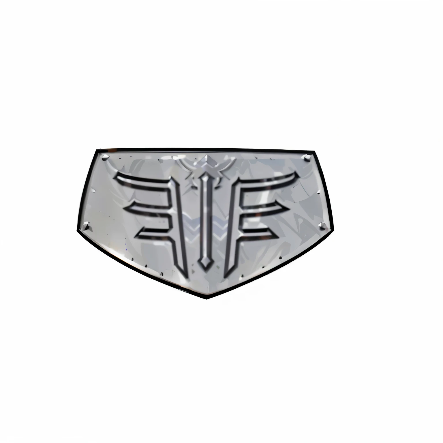 silver insignia, flat shaped, armor plate, chest plate with ferrari logo, shield emblem, sharp metal crest, etched breastplate, v - fin, welder wings, chest guard, military insignia, armor angle with wing, gray shield, decepticon armor plating, 2d, illustration, drawing, medieval, sketch style