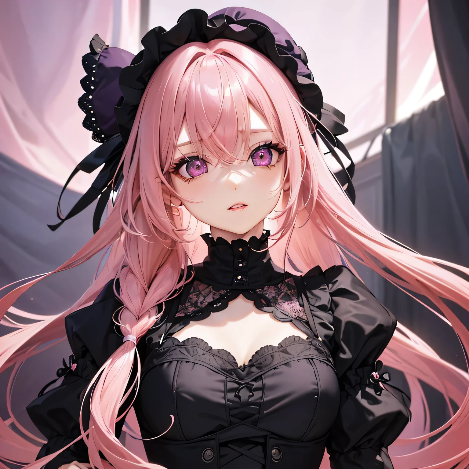(Masterpiece, Best quality, ultra high resolution, splendid),1girl,gothic dress, (multicolor hair, pink and black hair), beautiful and detailed face, detailed eyes,ruffled dress,((gothic lolita)),