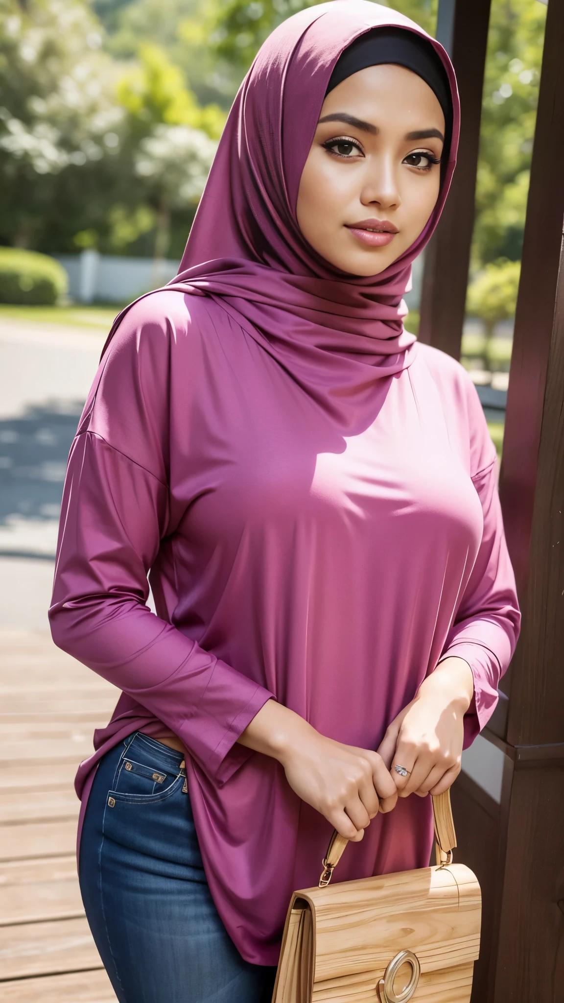 RAW, Best quality, high resolution, masterpiece: 1.3), Beautiful Malay woman in hijab, Masterpiece, perfect fit body, Big breasts, beautiful big eyes, Soft smile, facial details, beautiful face, thick thighs, close up, women wearing a long red blouse top and jeans standing on a wooden deck, casual clothing style, magenta shirt, casual modern clothing, wearing elegant casual clothes, wearing casual clothing, outfit photo, with lovely look, women full body, wearing beautiful clothes, with beautiful exotic, pink clothes, modern fashion outfit, female beauty, Good lighting, Bright colors, Clean lines
