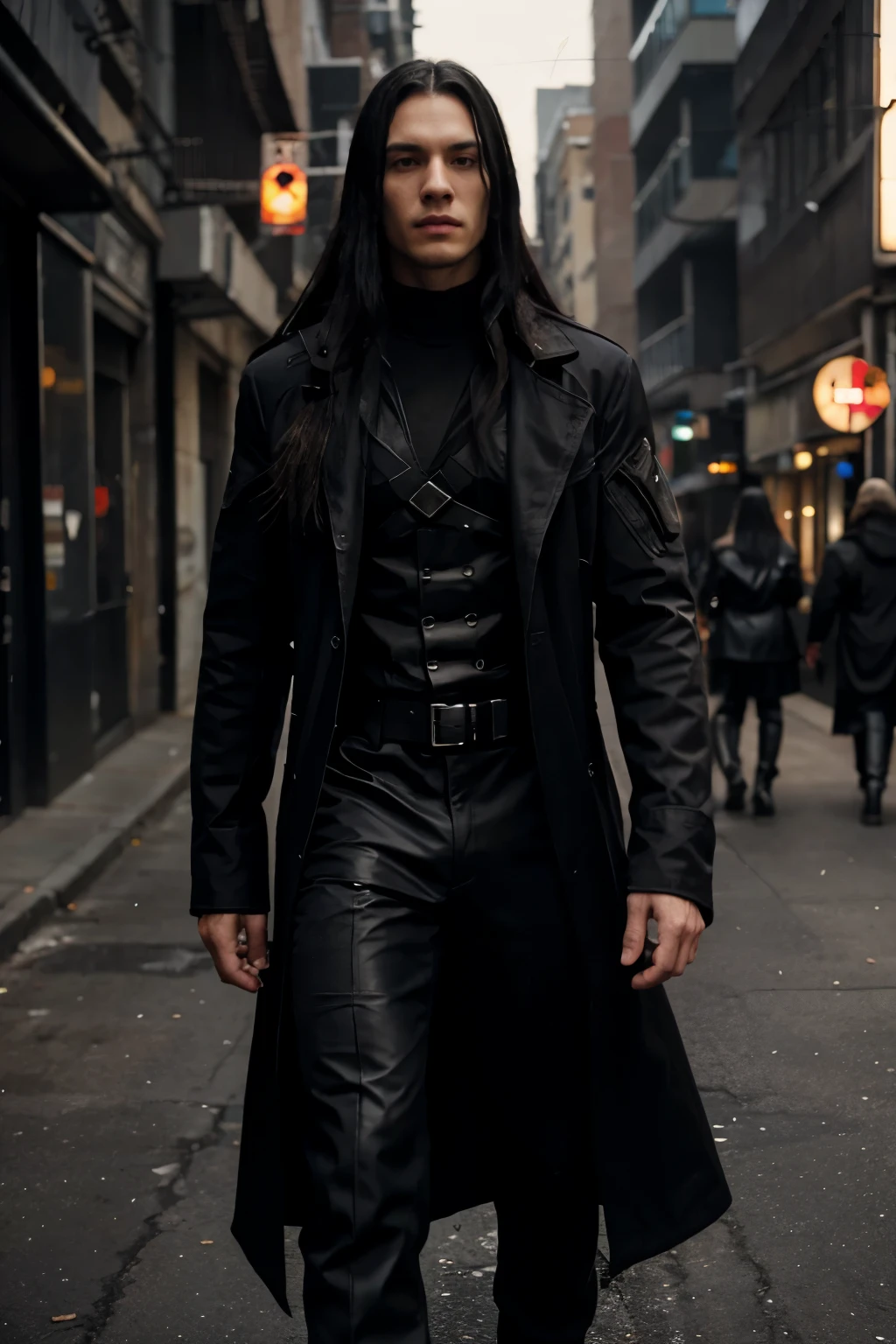 american young man,black haired man,young man,long hair,long straight hair,gothic man,dystopian urban settin,black long coat,dressed as neo from the matrix,skiny body,tactical suit,the matrix style,tactical shoulder holster,tactical gears