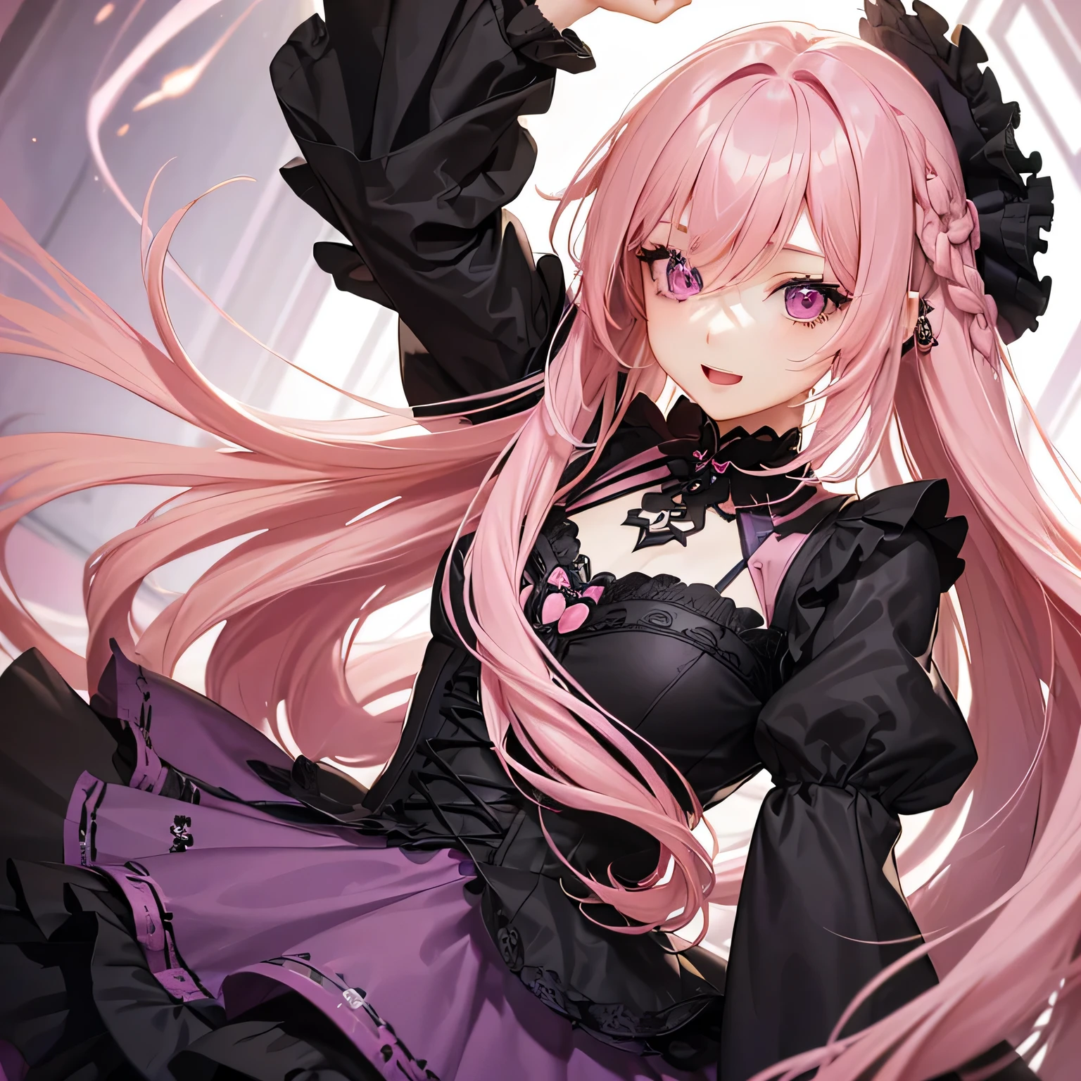 1 girl,Depp's Sense,confused,catch light,Super beautiful illustration,(pink hair,long hairstyles:1.3),turn around,eye shadow,(black clothes,Gothic Lolita),Upper body,;d,beautiful and delicate flowing hair,(delicate and detailed purple eyes),emphasized chest
