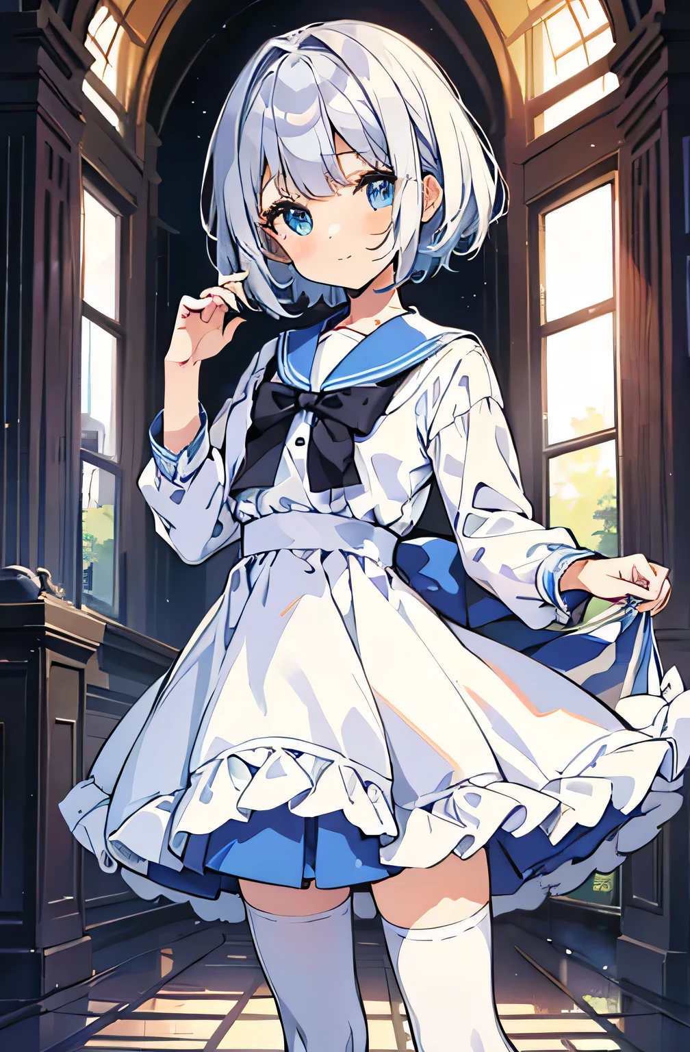 ((highest quality))、((８K))、((High resolution))、((masterpiece、Super detailed))、一人、（height 140ｃｍlittle girl）、((Looking at the camera from the front))、((photo from the knees up))、((standing))、beautiful and delicate blue eyes、beautiful smooth silver hair、Fluffy short hair、gentle and adorable big eyes、smile、((Perfect and beautiful fingertips))、 wearing a light blue sailor suit、flat chest、(white stockings)