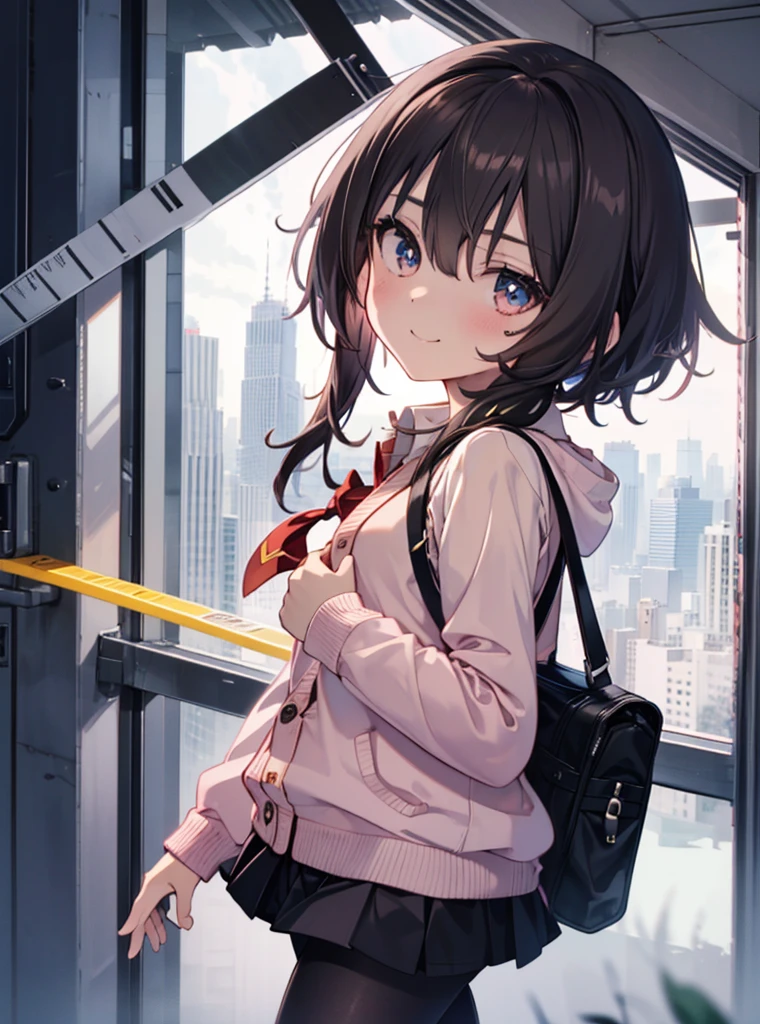 1 girl, alone, black hair,short hair,red eyes, looking at the viewer, blush,smile, , heart   1 girl, T-back, Megumin,  school uniform,Black sailor suit,White muffler,pink coat(The front is empty),Red cardigan,Black pleated skirt,Gray pantyhose,Schoolback,city,walking,Coming to school,(masterpiece:1.2), highest quality, High resolution, unity 8k wallpaper, (figure:0.8), (beautiful and fine eyes:1.6), highly detailed face, perfect lighting, Very detailed CG, (perfect hands, perfect anatomy),