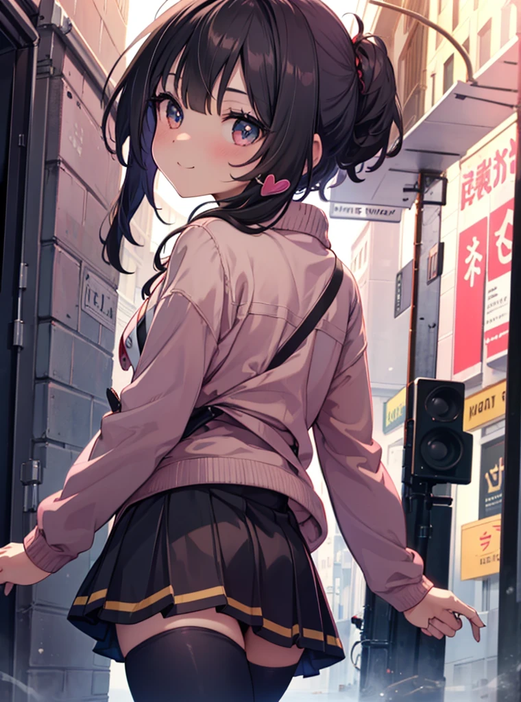 1 girl, alone, black hair,short hair,red eyes, looking at the viewer, blush,smile, , heart   1 girl, T-back, Megumin,  school uniform,Black sailor suit,White muffler,pink coat(The front is empty),Red cardigan,Black pleated skirt,Gray pantyhose,Schoolback,city,walking,Coming to school,(masterpiece:1.2), highest quality, High resolution, unity 8k wallpaper, (figure:0.8), (beautiful and fine eyes:1.6), highly detailed face, perfect lighting, Very detailed CG, (perfect hands, perfect anatomy),