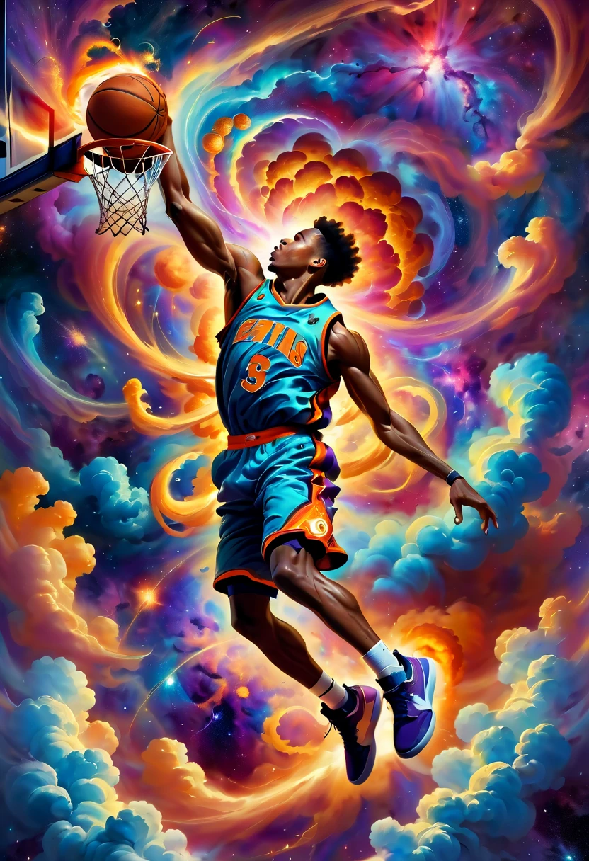 (hoop:1.5), Create an expressive oil painting depicting a basketball player dunking, portrayed as an explosion of a nebula. The basketball player should be captured in a dynamic and powerful pose, mid-dunk, with the body and movement seamlessly blending into the vibrant and colorful cosmic clouds of a nebula. The overall scene should convey a sense of energy, motion, and grandeur, as the act of dunking is artistically transformed into a spectacular cosmic event. The painting should use vivid colors and dramatic brushstrokes to emphasize the explosive and celestial nature of the scene.