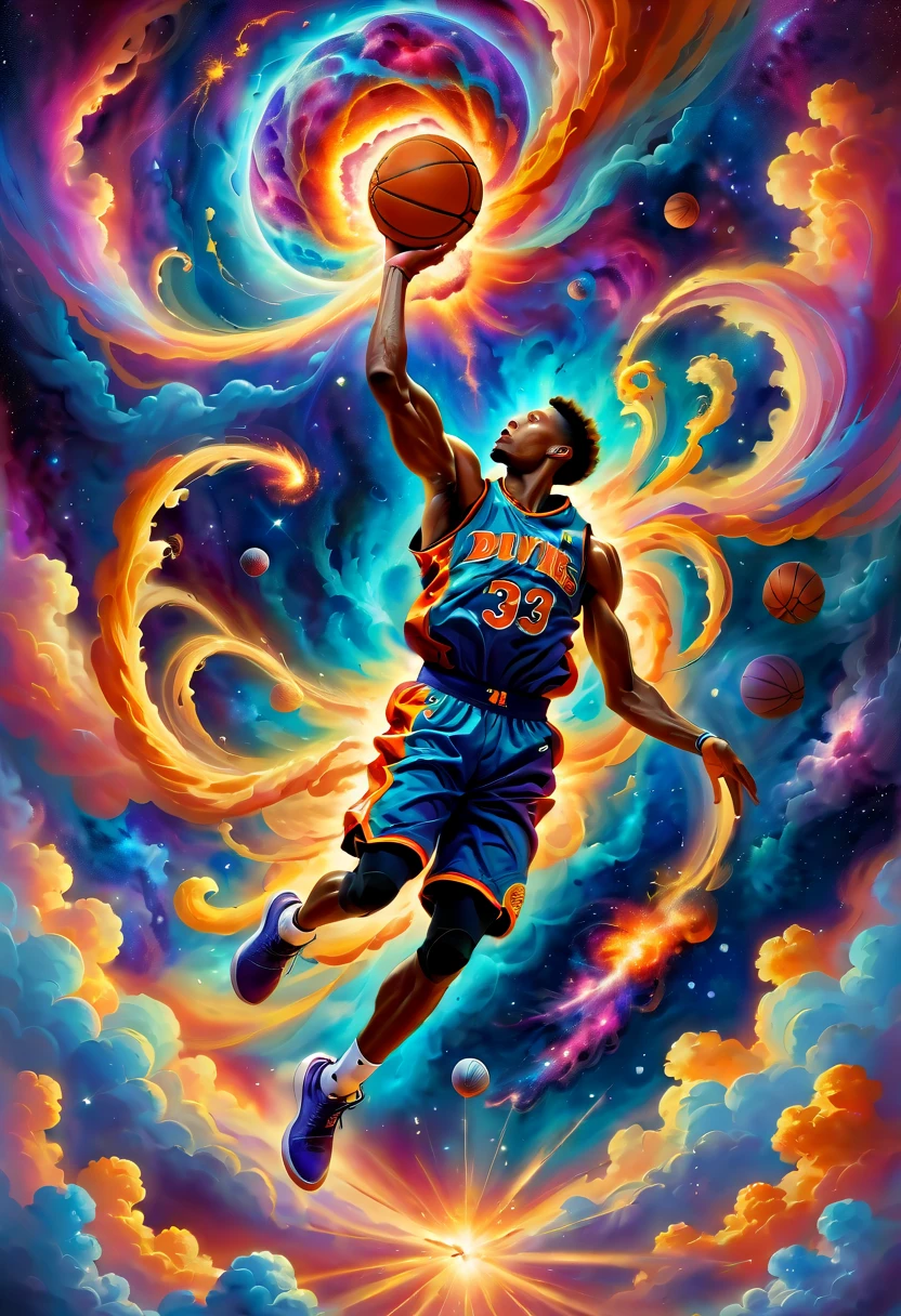 (hoop:1.5), Create an expressive oil painting depicting a basketball player dunking, portrayed as an explosion of a nebula. The basketball player should be captured in a dynamic and powerful pose, mid-dunk, with the body and movement seamlessly blending into the vibrant and colorful cosmic clouds of a nebula. The overall scene should convey a sense of energy, motion, and grandeur, as the act of dunking is artistically transformed into a spectacular cosmic event. The painting should use vivid colors and dramatic brushstrokes to emphasize the explosive and celestial nature of the scene.