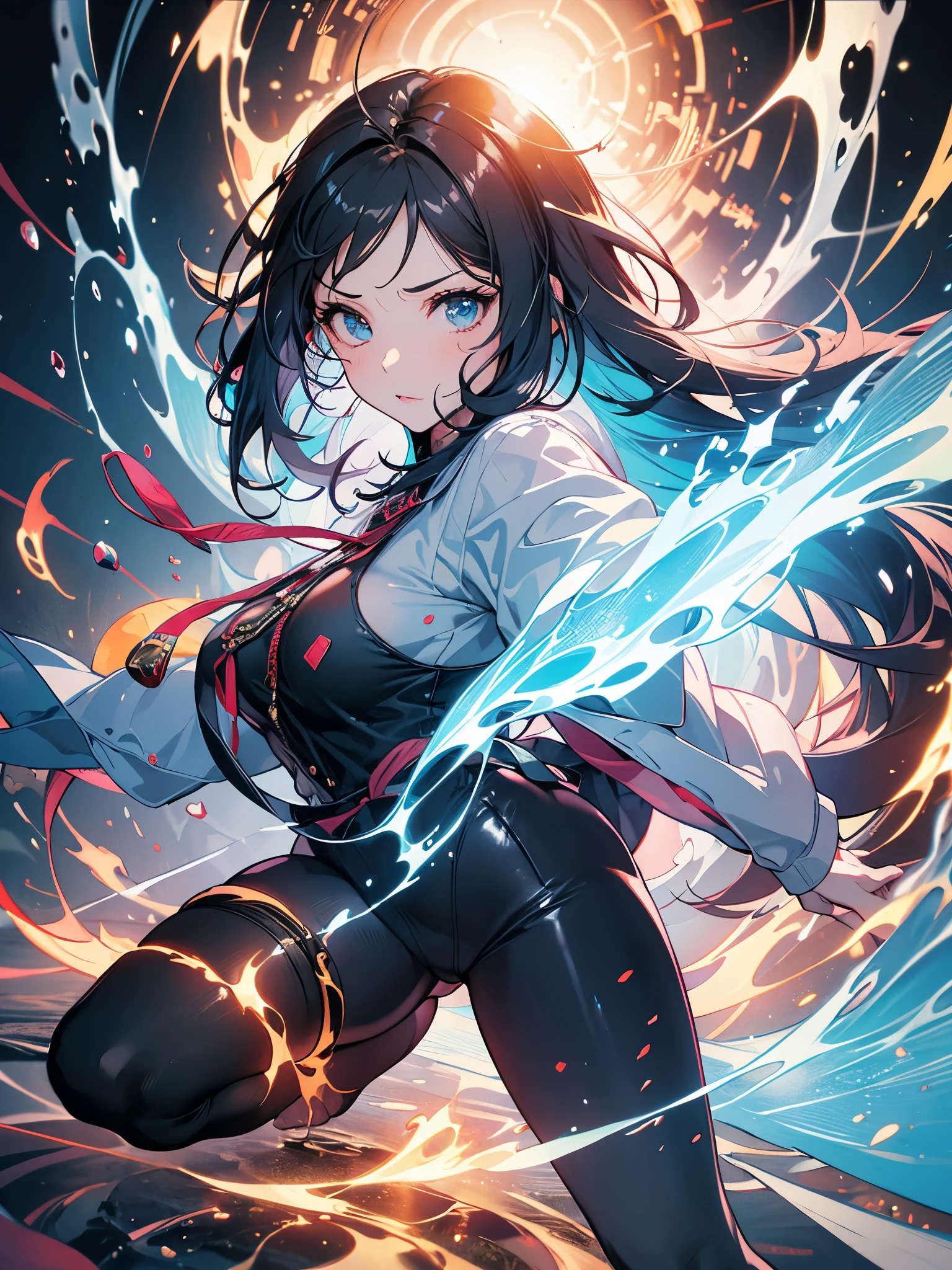(RAW Photo, Best Quality), (Realistic, Photo Realistic: 1.3), Best Quality, Highly Detailed, Masterpiece, Hyperdetail, Illustration, 1 Girl, Forehead with Painting, full_body, Dynamic Angle, World Masterpiece Theater, messy_long_hair in movement, Best Quality, Extremely Detailed CG Unified 8k Wallpaper, Ink, Amazing, Cinematic Lighting, lens_flare,dunhuang_style, thick big ass, thick legs, medium