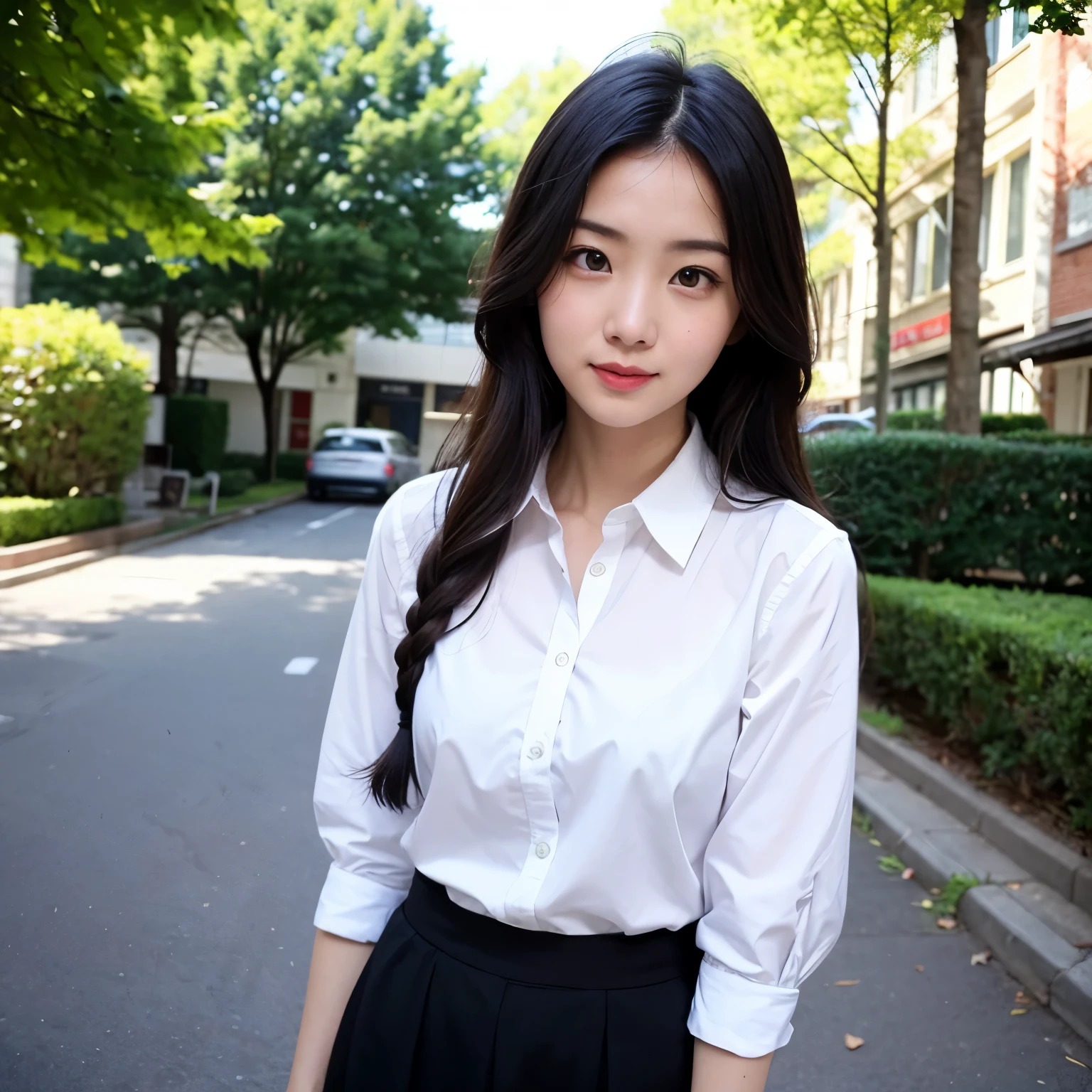 A 27-year-old mixed-race female lawyer who loves playing outside., Sexy and、I love wearing short skirts and white blouses and laughing, her hair is a mixture of red and black, she has blue eyes and a serious look, her background is dreamy
