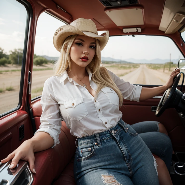 Bleach blonde hair cowgirl, curvy, large red lips, long eyelashes, in a pickup truck, cowboy hat, tight jeans, button down shirt