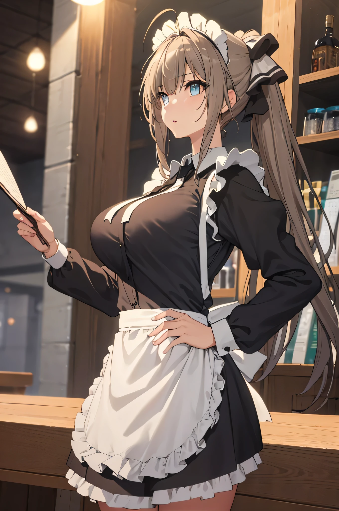 SentoIsuzu,brown hair, brown eyes, long hair, antenna hair, ponytail, hair bow,large breast, BREAK (maid headdress, maid, long sleeves, collared shirt, black shirt, maid apron:1.2), BREAK (masterpiece:1.2), best quality, high resolution, unity 8k wallpaper, (illustration:0.8), (beautiful detailed eyes:1.6), extremely detailed face, perfect lighting, extremely detailed CG, (perfect hands, perfect anatomy),(finely detailed beautiful eyes: 1.2),