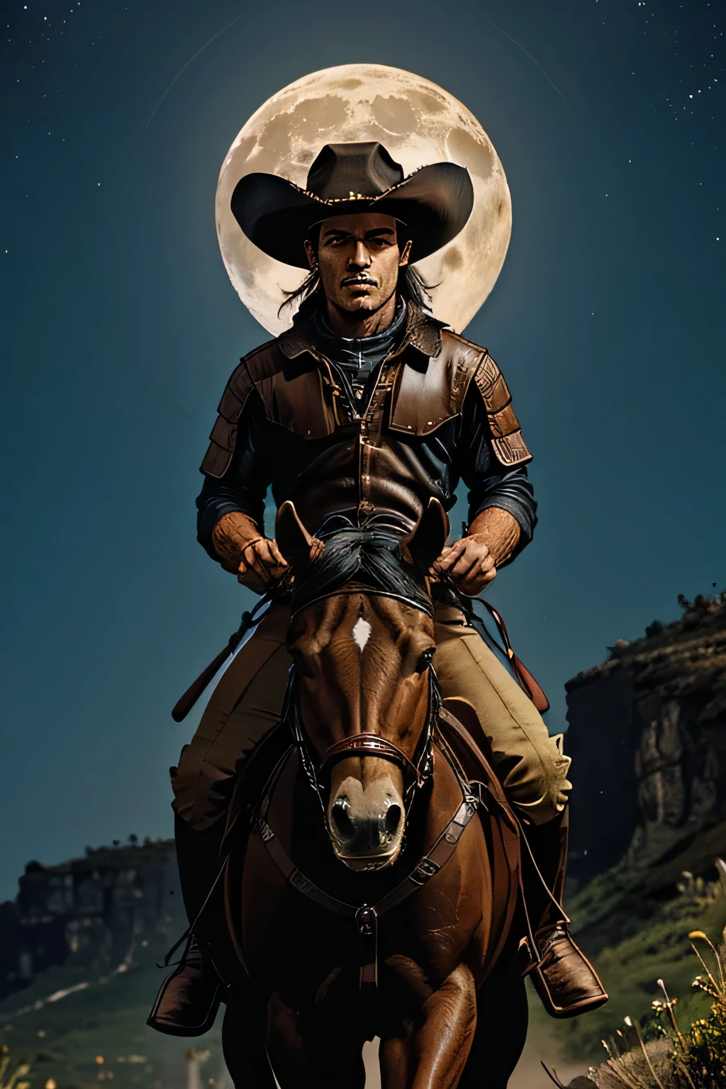 There's a man on horseback in front of the full moon, Andar a cavalo na lua, Vaqueiro, Cowboy na Faixa, Foto traseira de um cowboy, No Velho Oeste, O Cowboy no Estranho Oeste, Velho Oeste, Lone guard, sonho de Vaqueiro, quadrinhos ocidentais inspirados, Lonely Rider, Direction: Cíntia Wright, space western, Fotografia Moonwalker