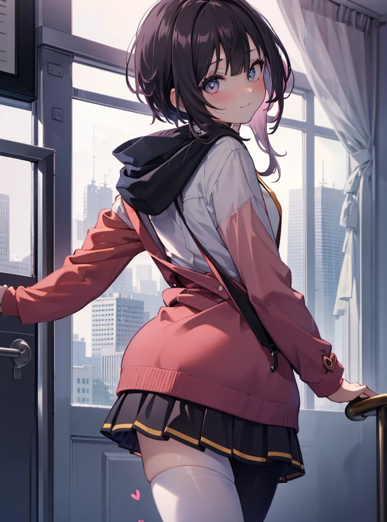 1 girl, alone, black hair,short hair,red eyes, looking at the viewer, blush,smile, , heart   1 girl, T-back, Megumin,  school uniform,Black sailor suit,white collar scarf,pink coat(The front is empty),Red cardigan,Black pleated skirt,Gray pantyhose,Schoolback,city,walking,Coming to school,(masterpiece:1.2), highest quality, High resolution, unity 8k wallpaper, (figure:0.8), (beautiful and fine eyes:1.6), highly detailed face, perfect lighting, Very detailed CG, (perfect hands, perfect anatomy),