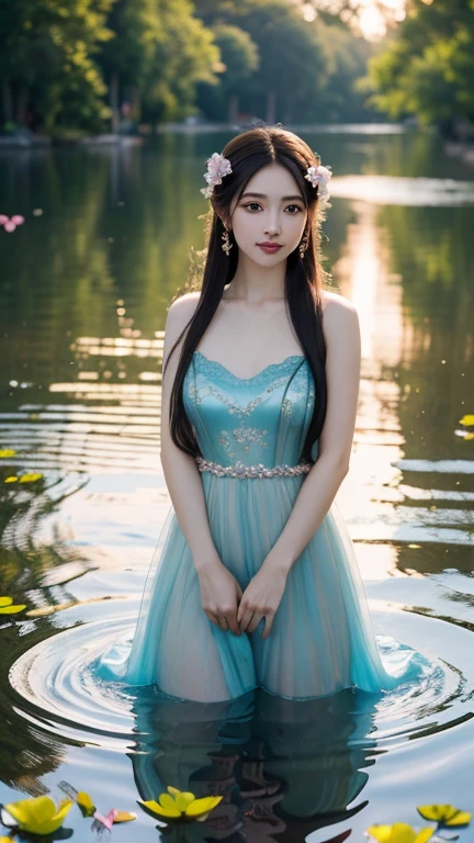 dusk，Backlight，The shimmer passes through the hair，(((brown sunlight))),Black waist-length straight hair，black eyes，Transparent ice crystal flower hair accessories，Beautiful Chinese goddess，standing on water，Limbo microstep，Treading water，Seductive smile，delicate face，moist pink lips，exquisite eyes，Exquisite tube top white gauze dress，Surrounded by falling petals，Sparkling turquoise lake water，Fantasy lotus pond background，Rose petals fall，dreamy,((rococo-inspired art))， Bright color, front lighting, ultra detoiled, high detail, 16k, --niji 5 --v 5.2  --q 2,