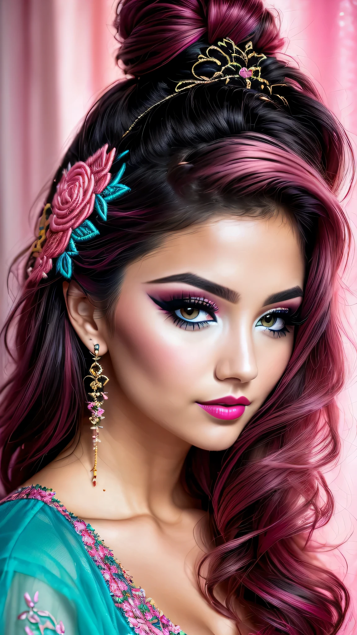 Ultra-realistic、 ultra-detailed primetime portraits、 最high quality、 8K、highest level、 The ultra -The high-definition)、(Super beautiful)、(beautiful face:1.5)、(detailed face:1.5)、(detailed eyes:1.2)、(detailed lip:1.2)、(Detailed nose:1.2)、((cleavage:1.1))、((Use any technique, any style, any outfit, Sew, ((embroider)),choose the color of your eyes, hair and even hairstyles)), ((I encourage you to choose the right background for your phenomenally drawn creation))、 (Use any technique, any style, any outfit, even choose eyes color, ((hair different color than eyes))、 dynamic random fancy hairstyle, whatever and how to do it)、 1girl:1.4 25years old、fashion supermodel、real:1.7、photorealistic:1.7、(very delicate and beautiful、fine details:1.3)、(masterpiece)、 最high quality、 (high quality)、 (absurdres)、 (sharp fous)、(Glamour, paparazzi taking pictures of her)、 contrast、 (dark shot:1.6)、 Long 2blue_eyelashes:1.25、 (dark_eyeshadows:1.35)、 red_lipstick:1.35、((perfect round eyes))、 (dark_pink_makeup:1.24)、(matte skin:1.2)、 ((upper body shot))