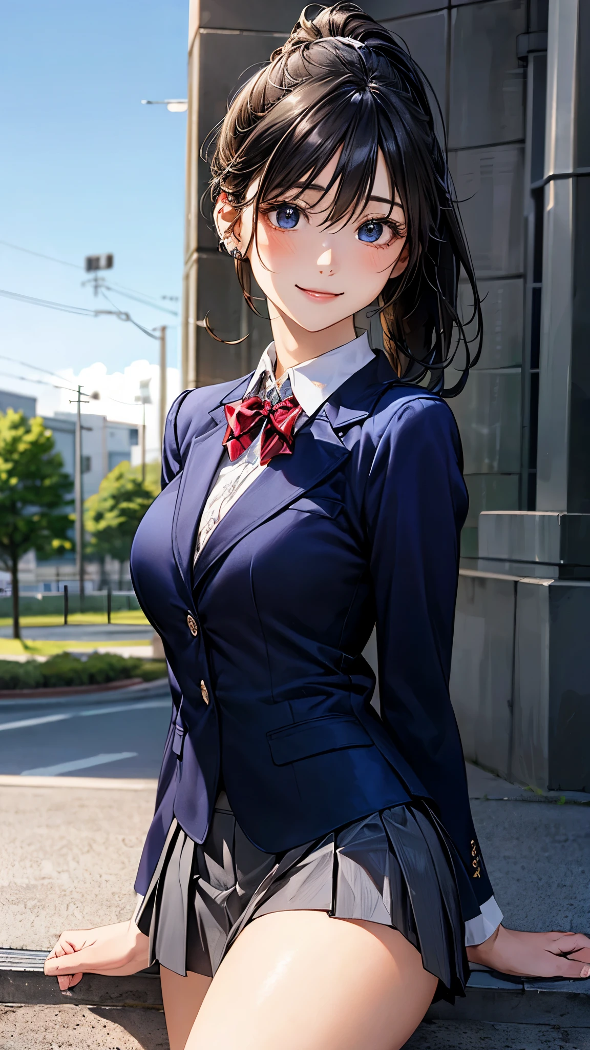 (masterpiece:1.2, top-quality), (realistic, photorealistic:1.4), beautiful illustration, (natural side lighting, movie lighting),
looking at viewer, cowboy shot, front view, 1 girl, japanese, high school girl, perfect face, cute and symmetrical face, shiny skin, babyface,
(middle hair, high ponytail hair, black hair), hair between eyes, blue eyes, (middle breasts, seductive thighs, big ass), piercings,
beautiful hair, beautiful face, beautiful detailed eyes, beautiful clavicle, beautiful body, beautiful chest, beautiful thigh, beautiful legs, beautiful fingers,
(((navy blazer, close blazer), long sleeve white collared shirts, grey pleated mini skirt)), red bow tie, ,
(beautiful scenery), evening, park, sitting, (lovely smile, upper eyes),