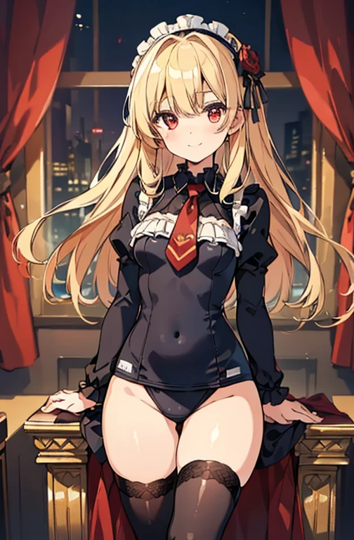 ((highest quality))、((8K))、((High resolution))、((masterpiece))、((Super detailed))、(One )、((Looking at the camera from the front))、((photo from the knees up))、((standing))、Lower both arms、golden hair that shines golden、Red eyes that sparkle like jewels、beautiful and smooth long hair、Big, strong eyes、A triumphant smile、((Perfect and beautiful fingertips))、School swimsuit with deep dark color、Gothic with a noble atmosphere、(black stockings)