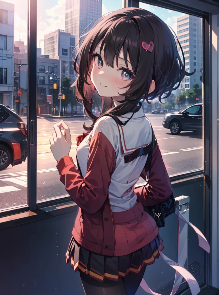 1 girl, alone, black hair,short hair,red eyes, looking at the viewer, blush,smile, , heart   1 girl, T-back, Megumin,  school uniform,Black sailor suit,Red cardigan,Black pleated skirt,Gray pantyhose,Schoolback,city,walking,Coming to school,(masterpiece:1.2), highest quality, High resolution, unity 8k wallpaper, (figure:0.8), (beautiful and fine eyes:1.6), highly detailed face, perfect lighting, Very detailed CG, (perfect hands, perfect anatomy),