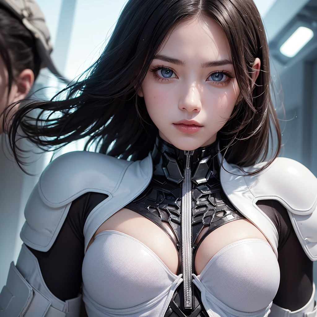 ((1 girl)), ((masterpiece)), Lovely,pretty face, blue eyes:1.2, ((black hair)), (shiny hair), nude lips, big breasts, Big , whole body, looking at the audience, masterpiece:1.5, ((Beautiful and delicate eyes)), Lovely eyes, best quality, Perfect body, shining body, (overexposure),Cinema lighting, dynamic lighting, ((Correct hand anatomy)), very high resolution, high resolution, (((Super detailed))), (extremely delicate and beautiful), (((Beautiful and delicate eyes))), depth of field, There is a woman in a white suit posing for a photo, Gothic web set, Chrome set, Dystopian sci-fi set, futuristic clothing, whole body X-Force 套装, Wear technical clothing and armor, Wearing a dark space mercenary uniform, shiny white armor, Abandoned mecha on the background, Cyberpunk Pearl Armor, cyberpunk suit, Female protagonist, Fair and translucent skin