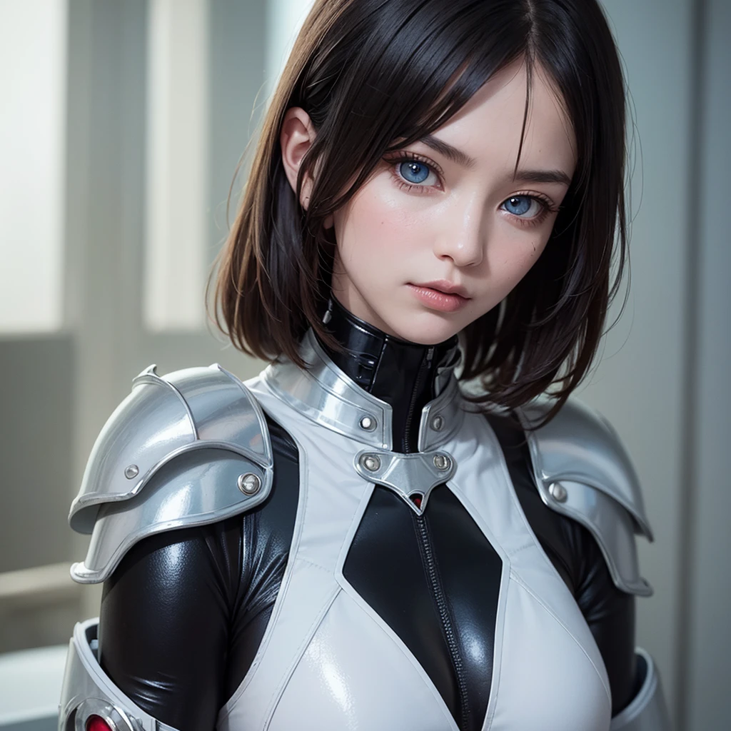 ((1 girl)), ((masterpiece)), Lovely,pretty face, blue eyes:1.2, ((black hair)), (shiny hair), nude lips, big breasts, Big , whole body, looking at the audience, masterpiece:1.5, ((Beautiful and delicate eyes)), Lovely eyes, best quality, Perfect body, shining body, (overexposure),Cinema lighting, dynamic lighting, ((Correct hand anatomy)), very high resolution, high resolution, (((Super detailed))), (extremely delicate and beautiful), (((Beautiful and delicate eyes))), depth of field, There is a woman in a white suit posing for a photo, Gothic web set, Chrome set, Dystopian sci-fi set, futuristic clothing, whole body X-Force 套装, Wear technical clothing and armor, Wearing a dark space mercenary uniform, shiny white armor, Abandoned mecha on the background, Cyberpunk Pearl Armor, cyberpunk suit, Female protagonist, Fair and translucent skin