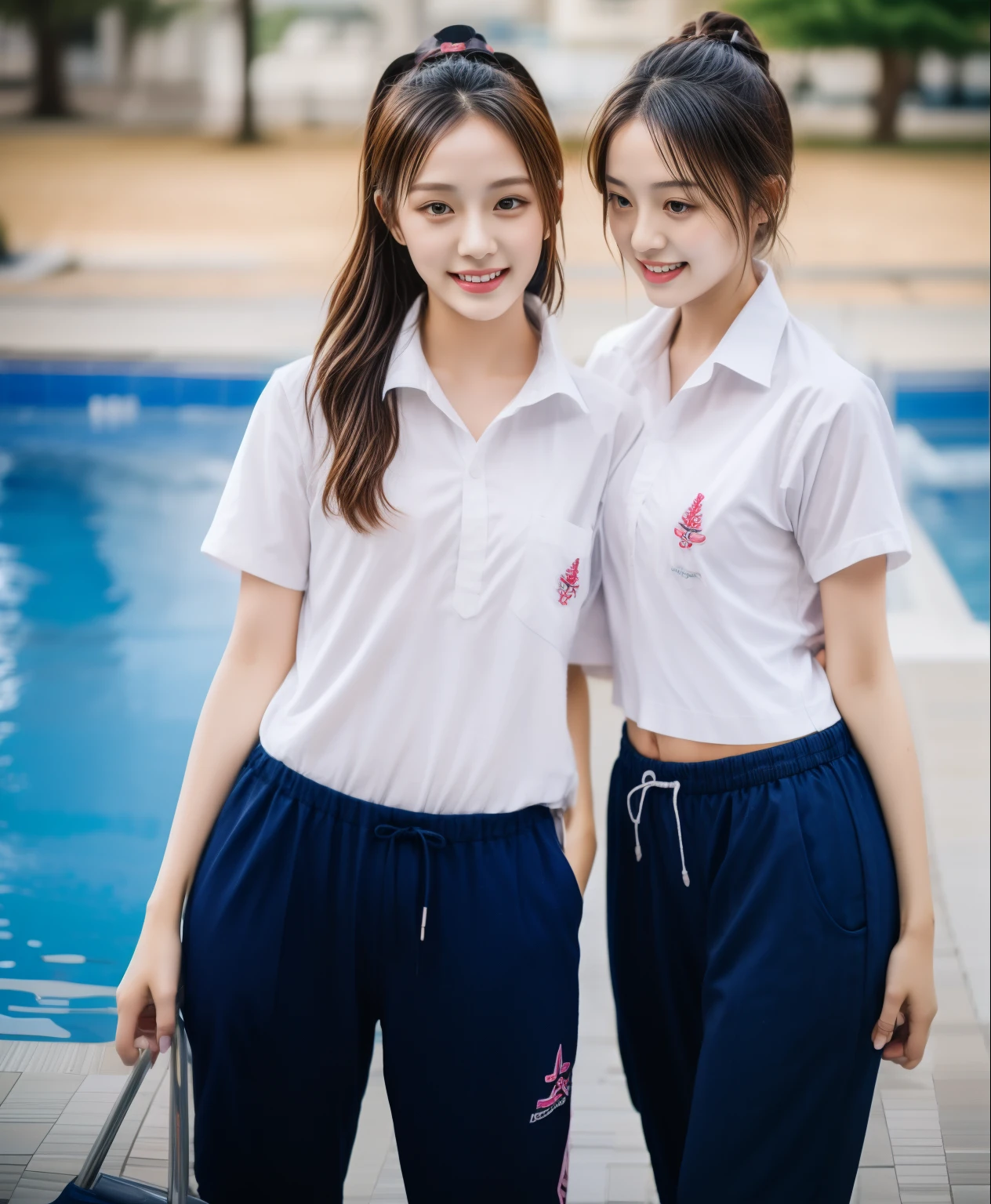 2 girls in the swimming pool, Navy blue short-sleeved shirt,Navy Long Trackpant,Sweatpants, Sweatpantsขายาว,25 year old girl, lesbian, sexy, exercise clothes, wet body