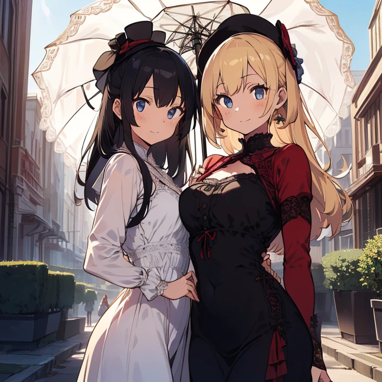 (masutepiece:1.2), (Best Quality:1.2), (high resolution:1.2), (beautiful face and eye:1.2),
(2+girls:1.2), (Bodhisattva's smile:1.2), (simple standing:1.0), (Luxurious Victorian style dress:1.5), (Super luxurious aristocrat-style hat:1.2), (Sailor suit style:1.0), (Composition in the style of portraits:1.0), (Excessively luxurious lace:1.5),
(right girl has long fluffy blonde hair and a red dress:1.2), (left girl has very short bob black hair and a white dress:1.2), (left girl with luxury parasol :1.2), (Skyscraper city cruelly destroyed:1.2),