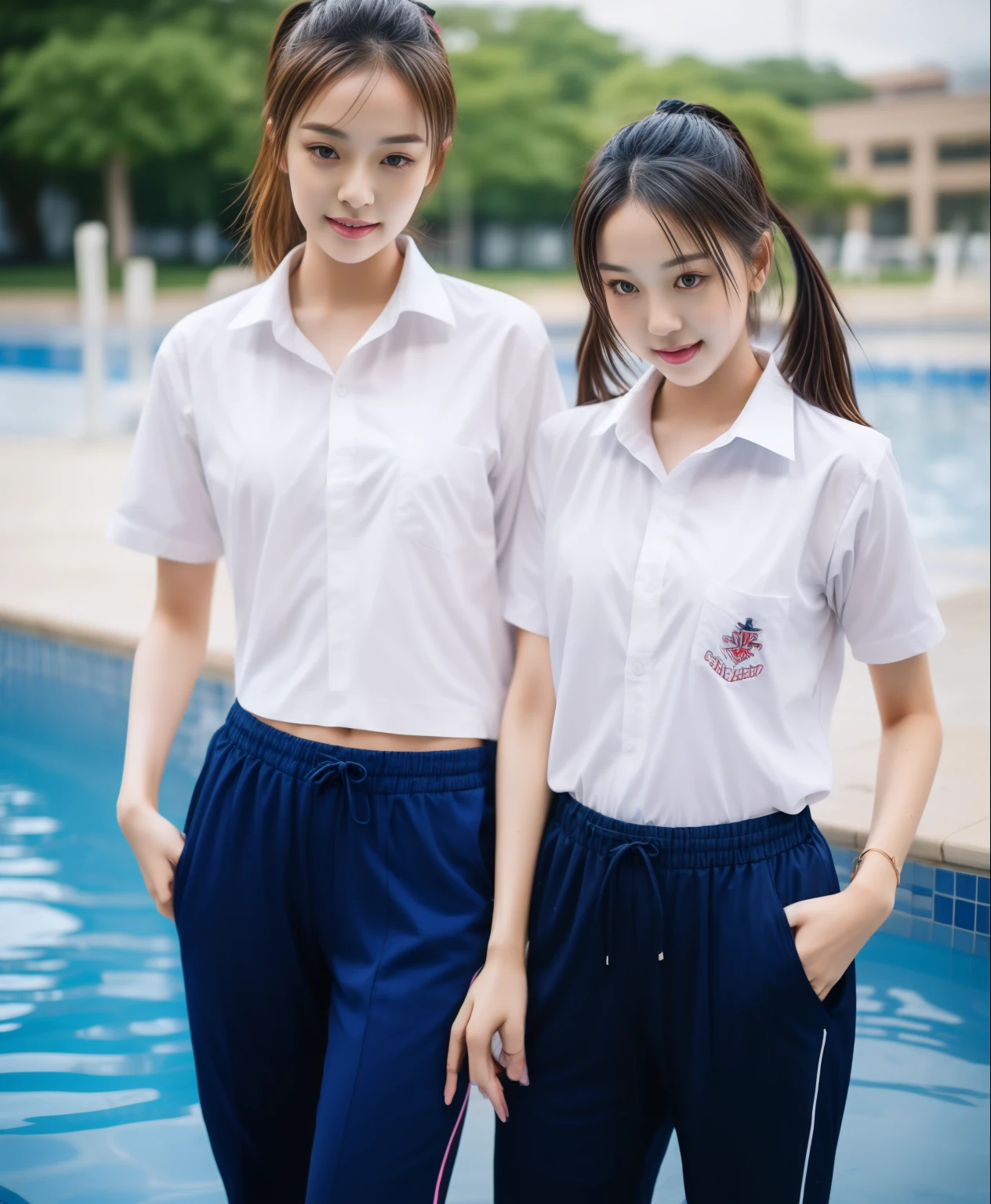 2 girls in the swimming pool, Navy blue short-sleeved shirt,Navy Long Trackpant,Sweatpants, Sweatpantsขายาว,25 year old girl, lesbian, sexy, exercise clothes, wet body