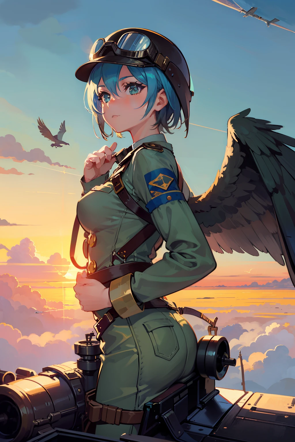 1girl, a harpy-like girl in a pilot suit and goggles, (zoomed: 1.3), (sky: 1.8), (biplane: 1), your name, bird's eye view, from cockpit, cloud formations, sunset, brass buttons, leather straps, aviator hat, helmet, wings on back, fierce expression, hands on controls, (landscape background: 1.2), best quality, masterpiece