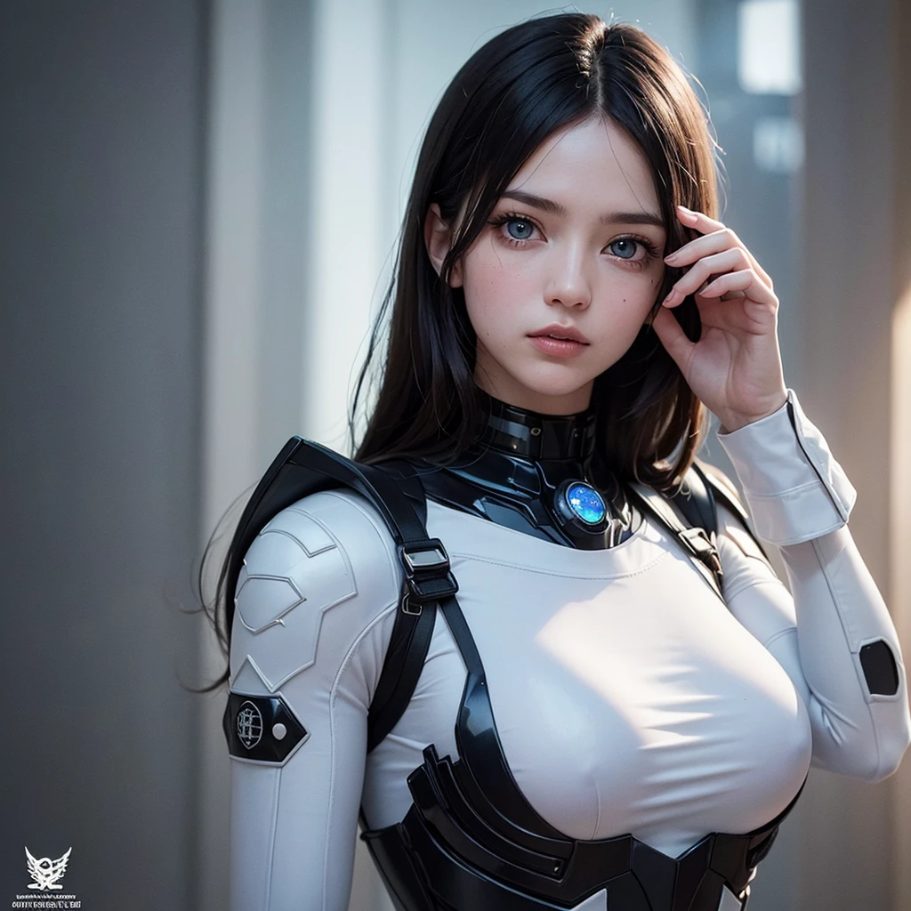 ((1 girl)), ((masterpiece)), Lovely,pretty face, blue eyes:1.2, ((black hair)), (shiny hair), nude lips, big breasts, Big , whole body, looking at the audience, masterpiece:1.5, ((Beautiful and delicate eyes)), Lovely eyes, best quality, Perfect body, shining body, (overexposure),Cinema lighting, dynamic lighting, ((Correct hand anatomy)), very high resolution, high resolution, (((Super detailed))), (extremely delicate and beautiful), (((Beautiful and delicate eyes))), depth of field, There is a woman in a white suit posing for a photo, Gothic web set, Chrome set, Dystopian sci-fi set, futuristic clothing, whole body X-Force 套装, Wear technical clothing and armor, Wearing a dark space mercenary uniform, shiny white armor, Abandoned mecha on the background, Cyberpunk Pearl Armor, cyberpunk suit, Female protagonist, Fair and translucent skin