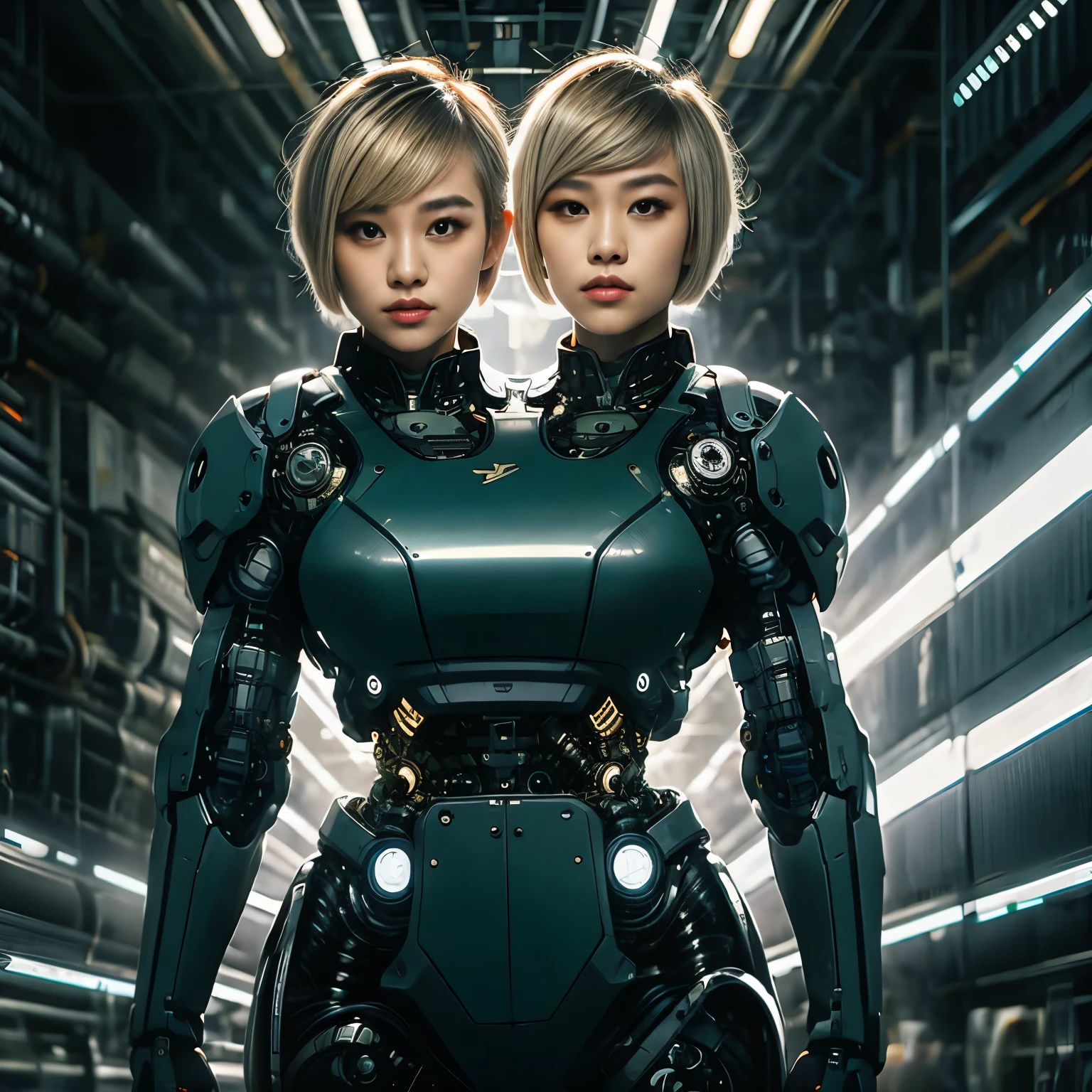 best resolution, 2heads, asian cyborg woman with two heads, pixie cut, ponytail, blonde hair, futuristic jacket, mechanical background