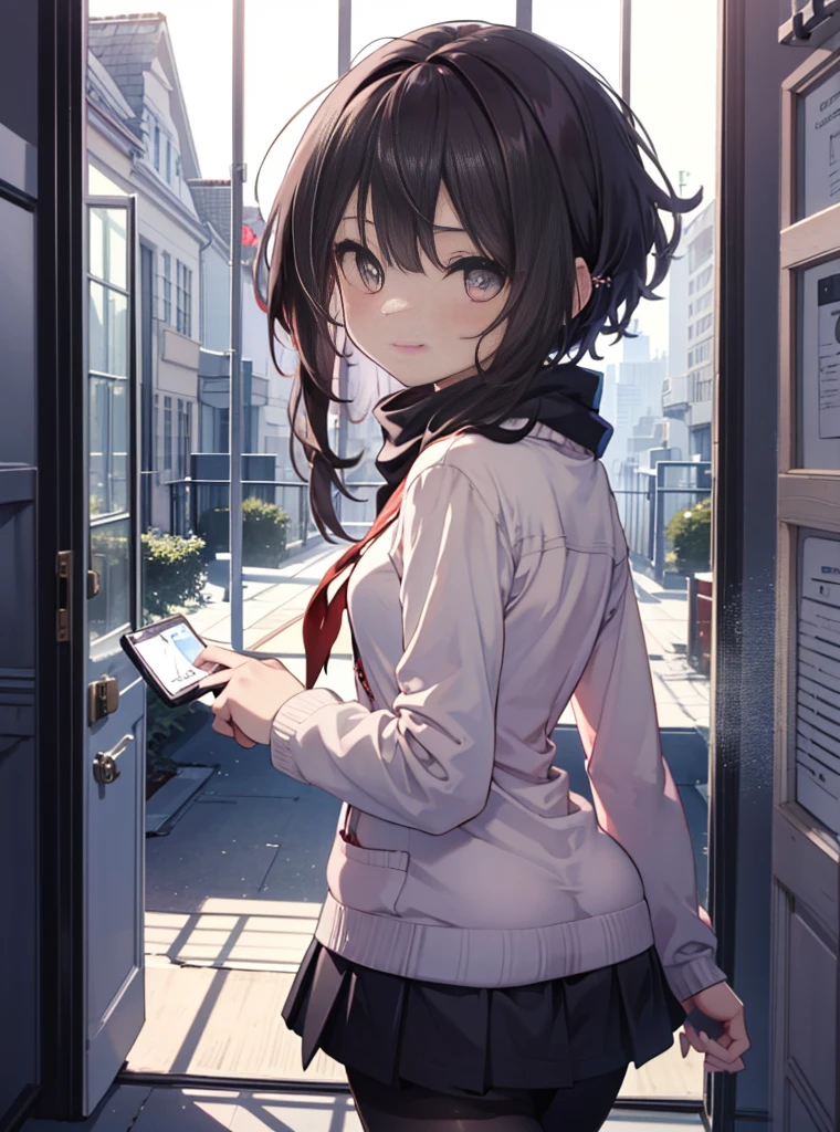 1 girl, alone, black hair,short hair,red eyes, looking at the viewer, blush,smile, , heart   1 girl, T-back, Megumin,  school uniform,Black sailor suit,white scarf,Red cardigan,Black pleated skirt,Gray pantyhose,Schoolback,city,walking,Coming to school,(masterpiece:1.2), highest quality, High resolution, unity 8k wallpaper, (figure:0.8), (beautiful and fine eyes:1.6), highly detailed face, perfect lighting, Very detailed CG, (perfect hands, perfect anatomy),