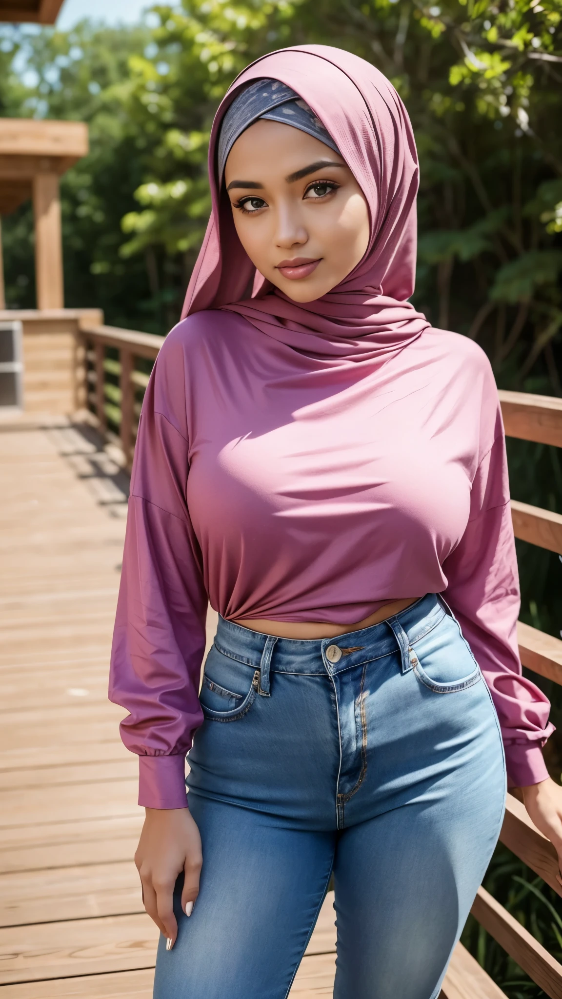 RAW, Best quality, high resolution, masterpiece: 1.3), Beautiful Malay woman in hijab, Masterpiece, perfect fit body, Big breasts, beautiful big eyes, Soft smile, facial details, beautiful face, thick thighs, close up, women wearing a pink top and jeans standing on a wooden deck, casual clothing style, magenta shirt, casual modern clothing, wearing elegant casual clothes, wearing casual clothing, outfit photo, with lovely look, women full body, wearing beautiful clothes, with beautiful exotic, pink clothes, modern fashion outfit, female beauty, Good lighting, Bright colors, Clean lines