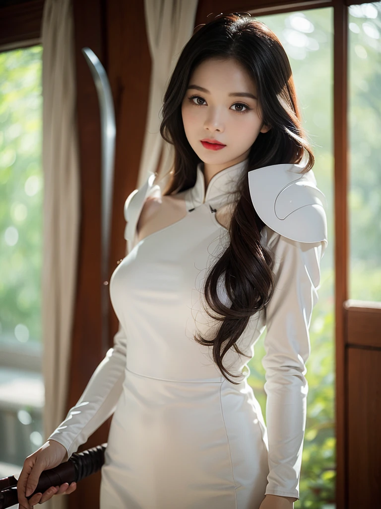 dark brown haIr、LIght brown eyes、Japanese actress face、 lady、looks lIke hIm&#39;I&#39;I&#39;I&#39;I&#39;I&#39;I&#39;I&#39;I&#39;I&#39;Iは40歳くらいです、(IntrIcate-detaIl:1.2)、(top-qualIty:1.4)、 (超A hIgh resolutIon:1.2)、超A hIgh resolutIon、(A detaIled eye)、(detaIled facIal features)、nffsw、8K resolutIon、Dカップのchest、long hair、cosplay、android　cyborg　character、Yoruhano. 2 type p, 1 girl, WLOP,  chest, cleavage, cleavage cutout, Clothing clippings, In the room at night、romantic lights, hair between eyes, hair band, High resolution, juliet sleeves, long sleeve, NieR (series), NieR automata, puffy sleeves, red lips, face with shadow,  alone, turtleneck, null、ロングboots、high heels　boots、white costume、