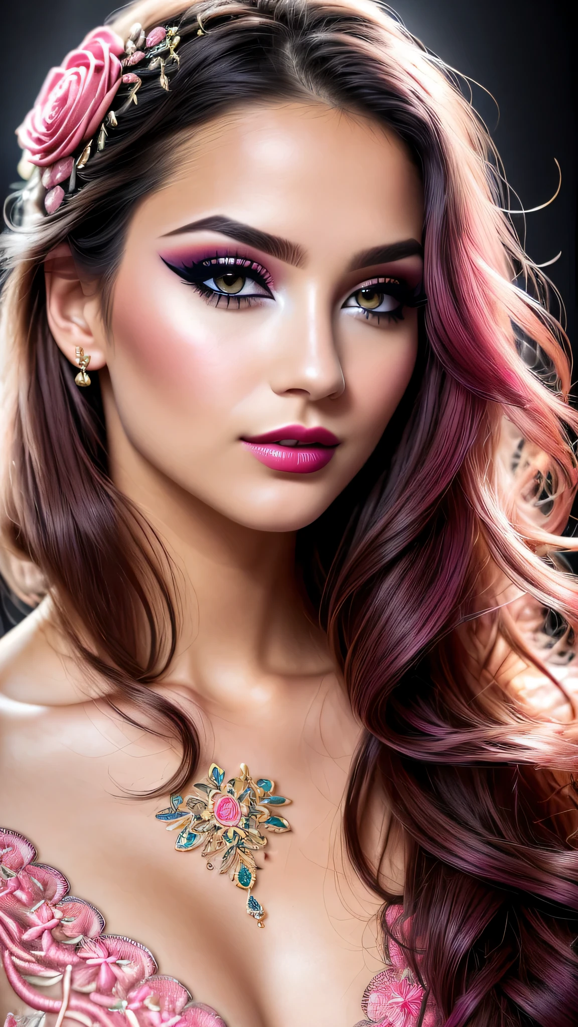Ultra-realistic、 ultra-detailed primetime portraits、 最high quality、 8K、highest level、 The ultra -The high-definition)、(Super beautiful)、(beautiful face:1.5)、(detailed face:1.5)、(detailed eyes:1.2)、(detailed lip:1.2)、(Detailed nose:1.2)、((cleavage:1.1))、((Use any technique, any style, any outfit, Sew, ((embroider)),choose the color of your eyes, hair and even hairstyles)), ((I encourage you to choose the right background for your phenomenally drawn creation))、 (Use any technique, any style, any outfit, even choose eyes color, ((hair different color than eyes))、 dynamic random fancy hairstyle, whatever and how to do it)、 1girl:1.4 25years old、fashion supermodel、real:1.7、photorealistic:1.7、(very delicate and beautiful、fine details:1.3)、(masterpiece)、 最high quality、 (high quality)、 (absurdres)、 (sharp fous)、(Glamour, paparazzi taking pictures of her)、 contrast、 (dark shot:1.6)、 Long 2blue_eyelashes:1.25、 (dark_eyeshadows:1.35)、 red_lipstick:1.35、((perfect round eyes))、 (dark_pink_makeup:1.24)、(matte skin:1.2)、 ((upper body shot))