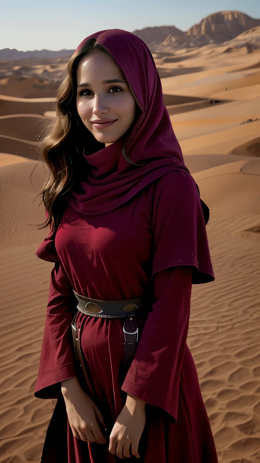 Foto hiperrealista en primer plano de Kelsey Asbille,  Create dystopian masterpieces, in a full cover bedouin costume (dark red tunic) on the desert, beautiful woman, skinny, large big breasts, black long hair, detailed face, smile, facing the camera, photo taken from a distance, age of 25 years old