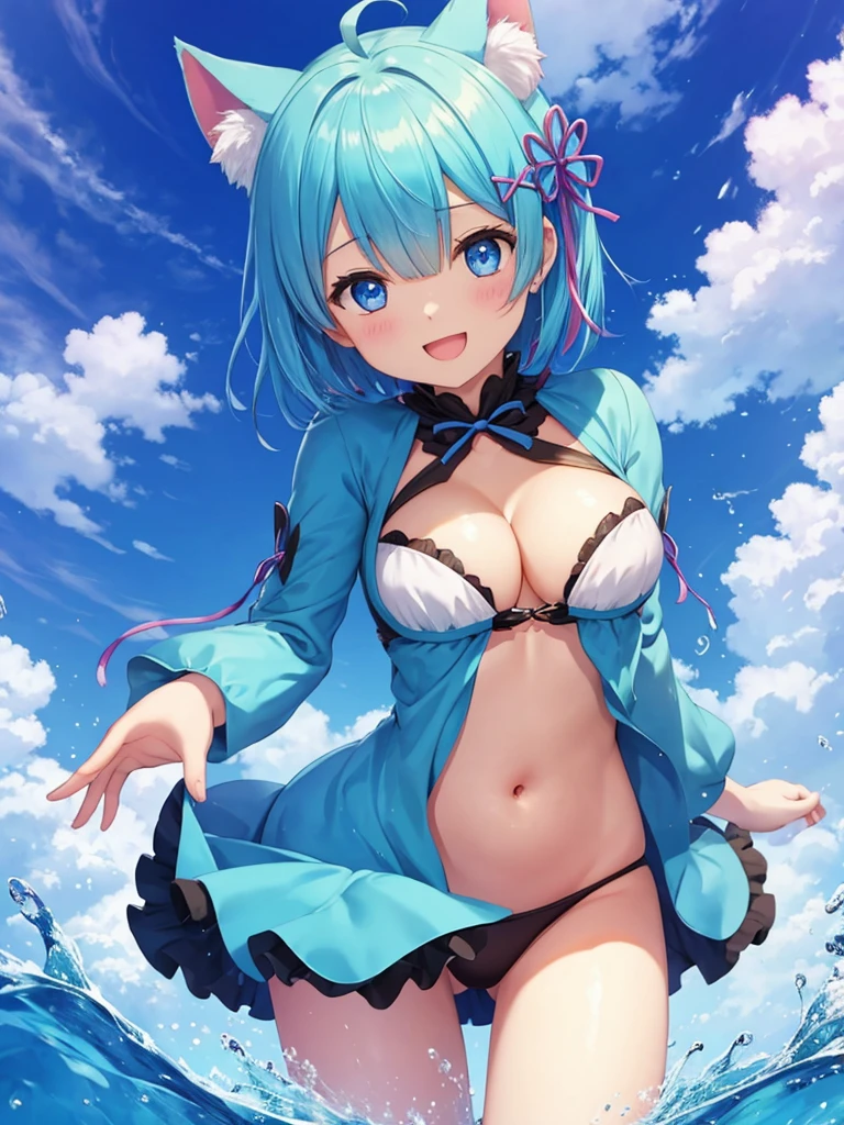 masterpiece, best quality, ultra detailed, Rem、Re:zero、short hair、blue eyes、smile、white background、A very surprised face、cute、blue hair、bright background、Surprise version、flashy、riding in a convertible、Cat ear、Big,belly button,flashy、cleavage、sandpit, 