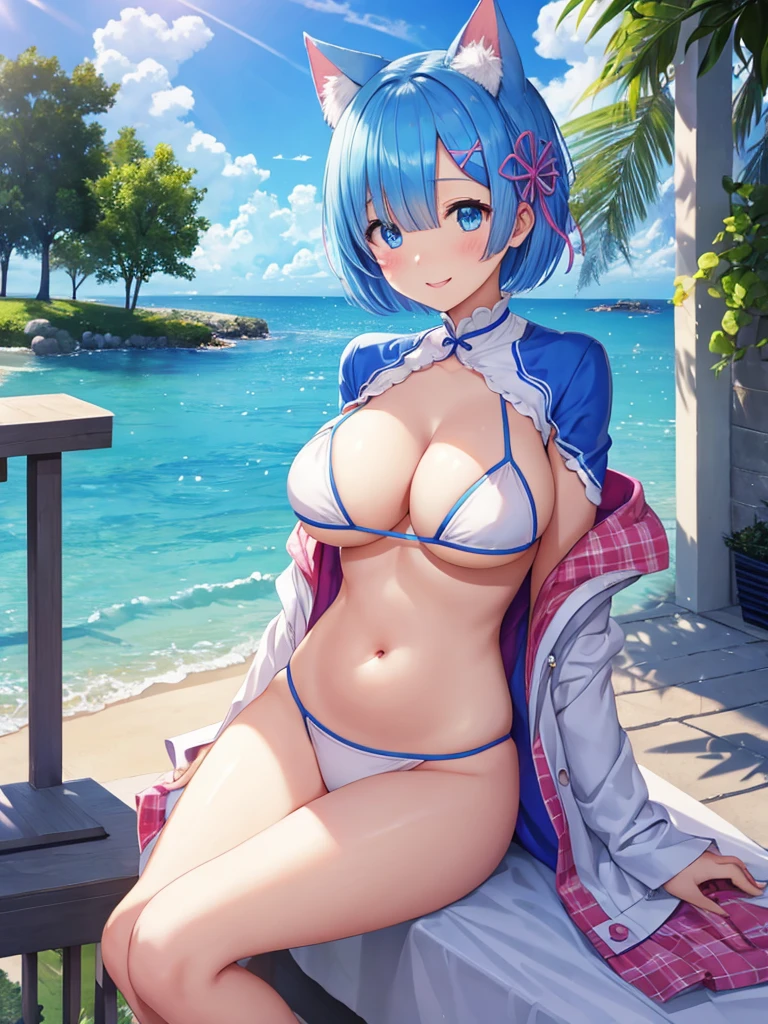 masterpiece, best quality, ultra detailed, Rem、Re:zero、short hair、blue eyes、smile、white background、A very surprised face、cute、blue hair、bright background、Surprise version、flashy、riding in a convertible、Cat ear、Big,belly button,flashy、cleavage、sandpit,