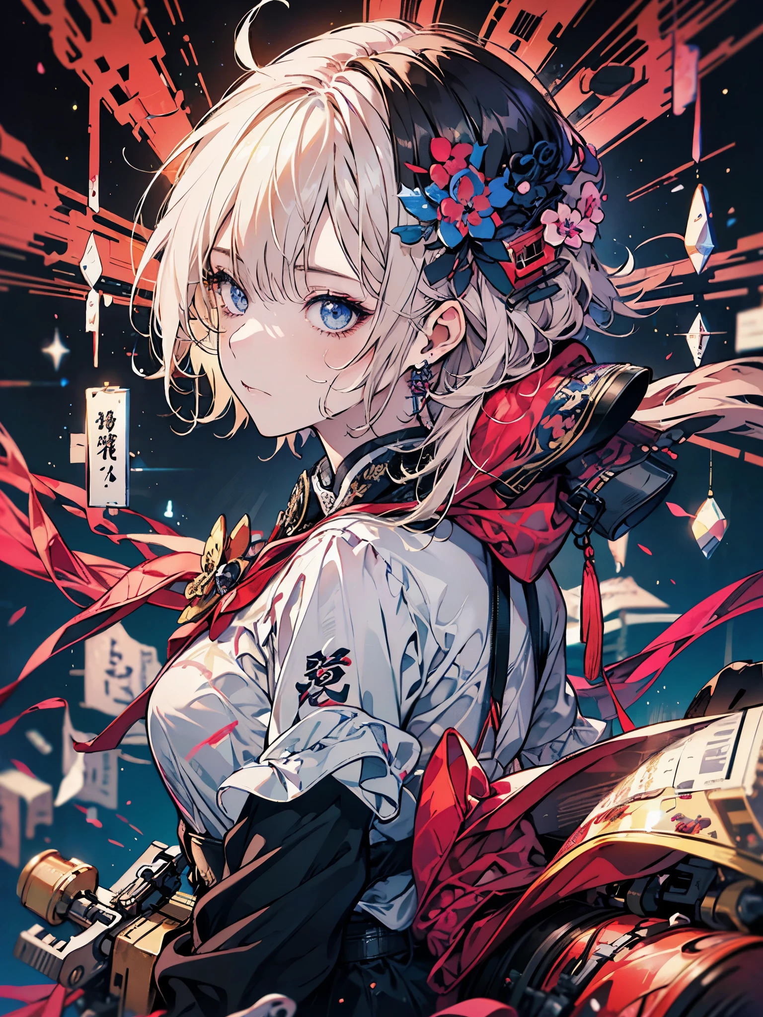 Young blonde anime, aesthetic body, dark blue eyes, with white clothes with blue details, on a spaceship, with golden necklace, thick ass, big ass, thick body, full body, (((usando uma mascara hannya com presas e chifres)))