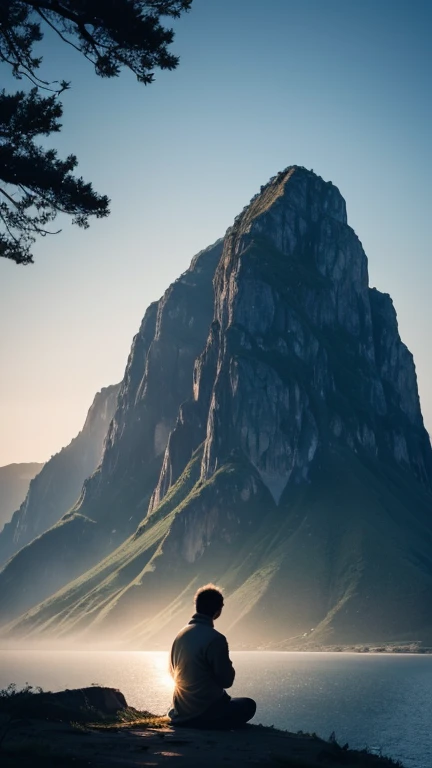 a beautiful natural backdrop, such as a mountain, forest, or sea. In the middle of the image, there is a silhouette of an individual who is praying or contemplating. Around this individual, there is a kind of aura or light symbolizing the presence of God who is always close.