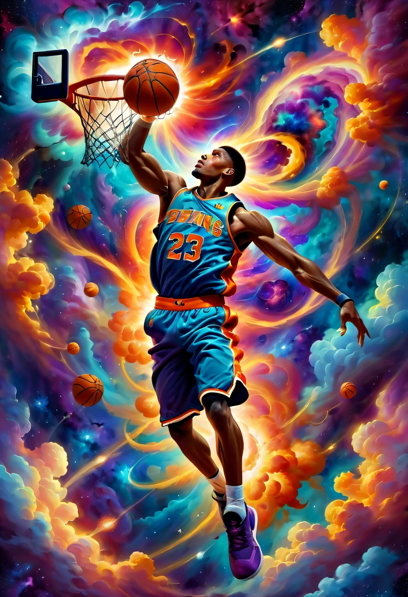 (hoop:1.5), Create an expressive oil painting depicting a basketball player dunking, portrayed as an explosion of a nebula. The basketball player should be captured in a dynamic and powerful pose, mid-dunk, with the body and movement seamlessly blending into the vibrant and colorful cosmic clouds of a nebula. The overall scene should convey a sense of energy, motion, and grandeur, as the act of dunking is artistically transformed into a spectacular cosmic event. The painting should use vivid colors and dramatic brushstrokes to emphasize the explosive and celestial nature of the scene.