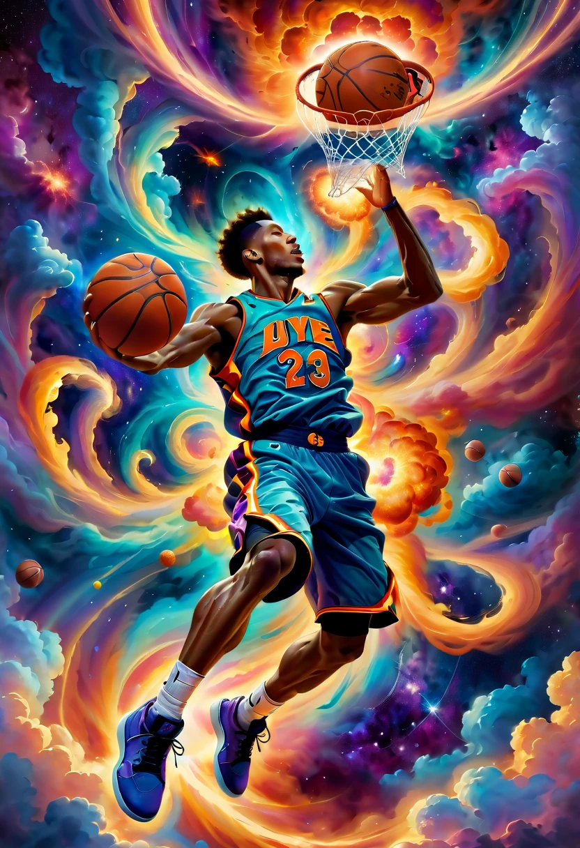 (hoop:1.5), Create an expressive oil painting depicting a basketball player dunking, portrayed as an explosion of a nebula. The basketball player should be captured in a dynamic and powerful pose, mid-dunk, with the body and movement seamlessly blending into the vibrant and colorful cosmic clouds of a nebula. The overall scene should convey a sense of energy, motion, and grandeur, as the act of dunking is artistically transformed into a spectacular cosmic event. The painting should use vivid colors and dramatic brushstrokes to emphasize the explosive and celestial nature of the scene.