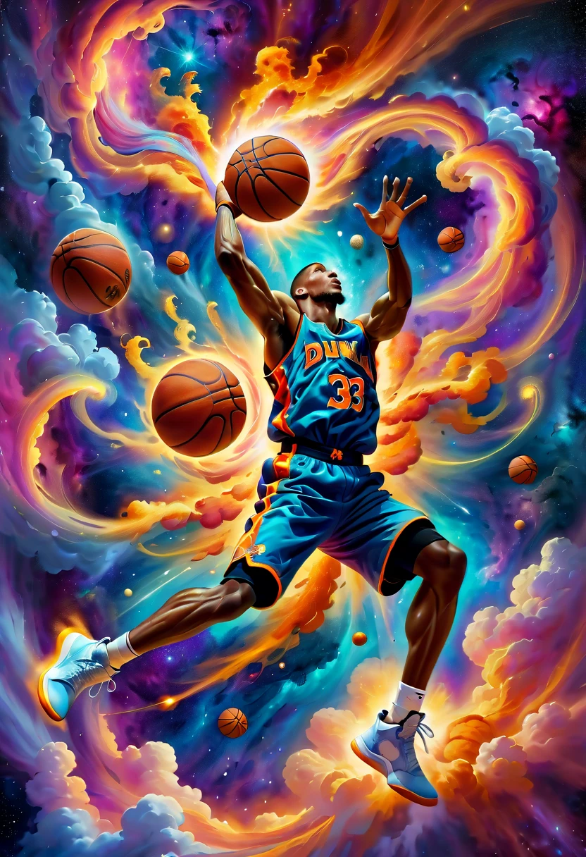 (hoop:1.5), Create an expressive oil painting depicting a basketball player dunking, portrayed as an explosion of a nebula. The basketball player should be captured in a dynamic and powerful pose, mid-dunk, with the body and movement seamlessly blending into the vibrant and colorful cosmic clouds of a nebula. The overall scene should convey a sense of energy, motion, and grandeur, as the act of dunking is artistically transformed into a spectacular cosmic event. The painting should use vivid colors and dramatic brushstrokes to emphasize the explosive and celestial nature of the scene.