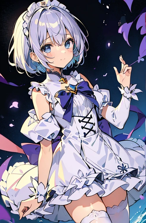 ((highest quality))、((8K))、((High resolution))、((masterpiece、Super detailed))、一人 girl、(height 140cmlittle girl)、((Looking at the camera from the front))、((photo from the knees up))、((standing))、beautiful and delicate blue eyes、beautiful smooth silver hair、Fluffy short hair、gentle and adorable big eyes、smile、((Perfect and beautiful fingertips))、A wearing a silver magical girl costume、flat chest、(white stockings)