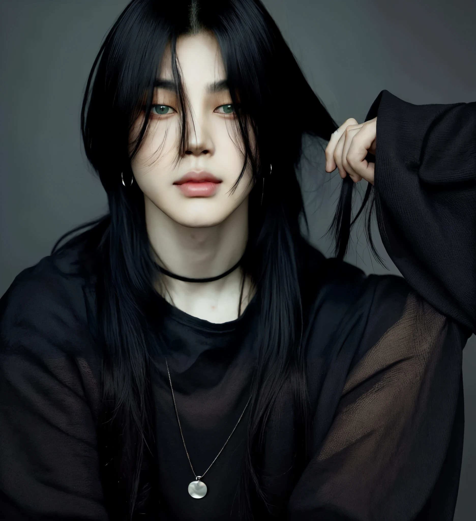 um close up de uma mulher com longos cabelos pretos e piercings, Jinyoung Shin, cruel korean goth girl, inspirado em jeonseok lee, pintar ulzzang, Jung Jaehyun, Hong junho hyung, realista. Cheng Yi, taejune kim, homem sul-coreano, cai xukun, hyper realista anime, handsome androgynous prince, attractive androgynous humanoid