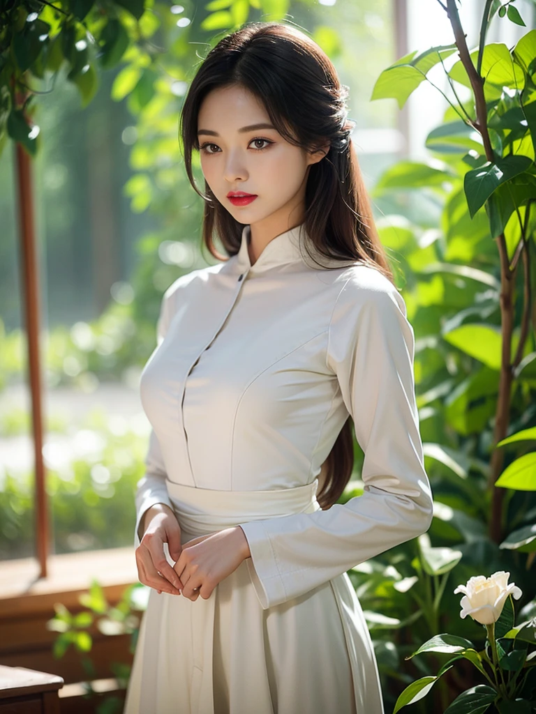 1girl, slender korean kpop idol and model ,ponytail hairstyle ,23 years old,soft body, big breast, fair skin,close-up, 8k, RAW photo, best quality, masterpiece,realistic, photo-realistic,cute,mansion , summer ,soft light, High image quality,( elegant black high waist dress with white leather belt ) , head to leg